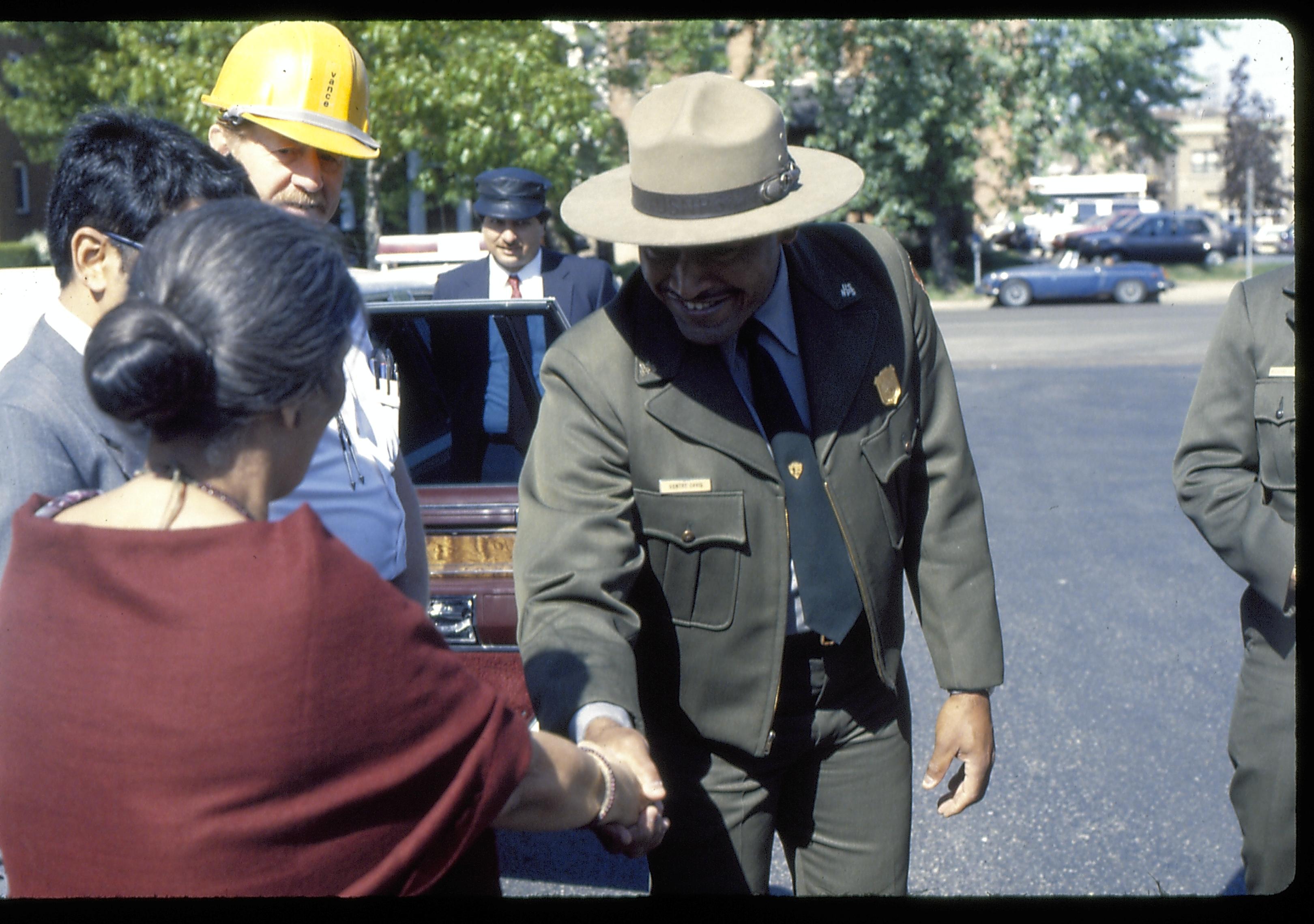 Ranger shaking hands with lady. Lincoln Home NHS- Foreign Dignitary Visit dignitary, visit, tour