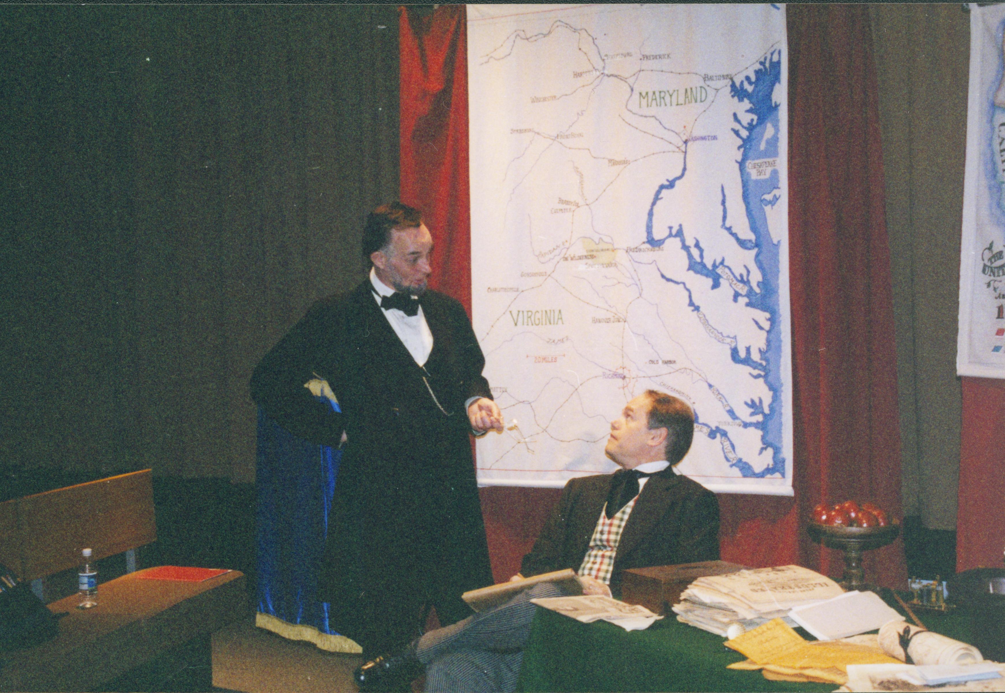 Fritz Klein and Drew Gibson in front of Virginia and Maryland map Lincoln Home NHS- Fritz Klein and Drew Gibson visit, roll 2002-1, exp 19 Klein, Gibson, visit