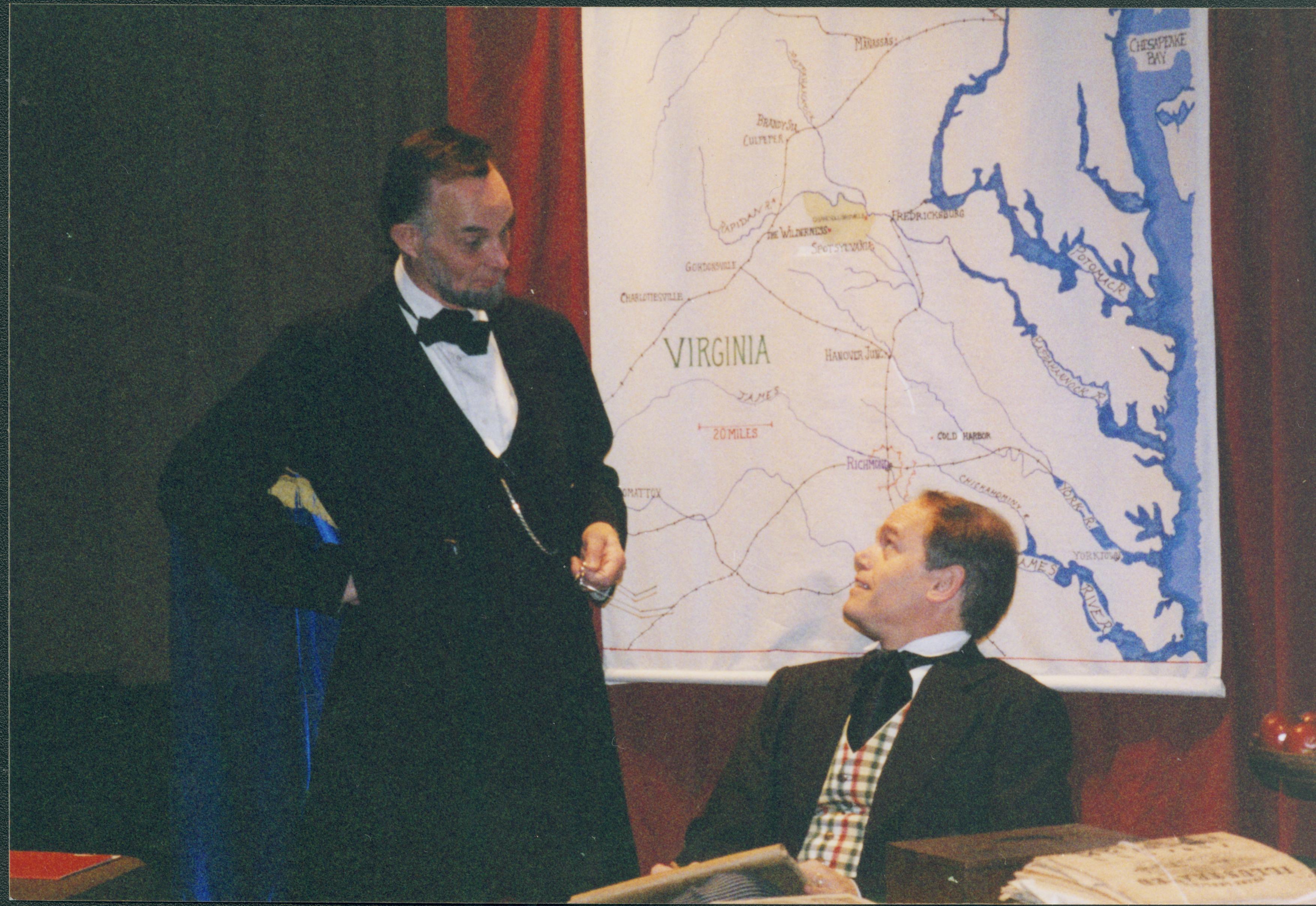 Fritz Klein and Drew Gibson in front of Virginia and Maryland map Lincoln Home NHS- Fritz Klein and Drew Gibson visit, roll 2002-1, exp 20 Klein, Gibson, visit