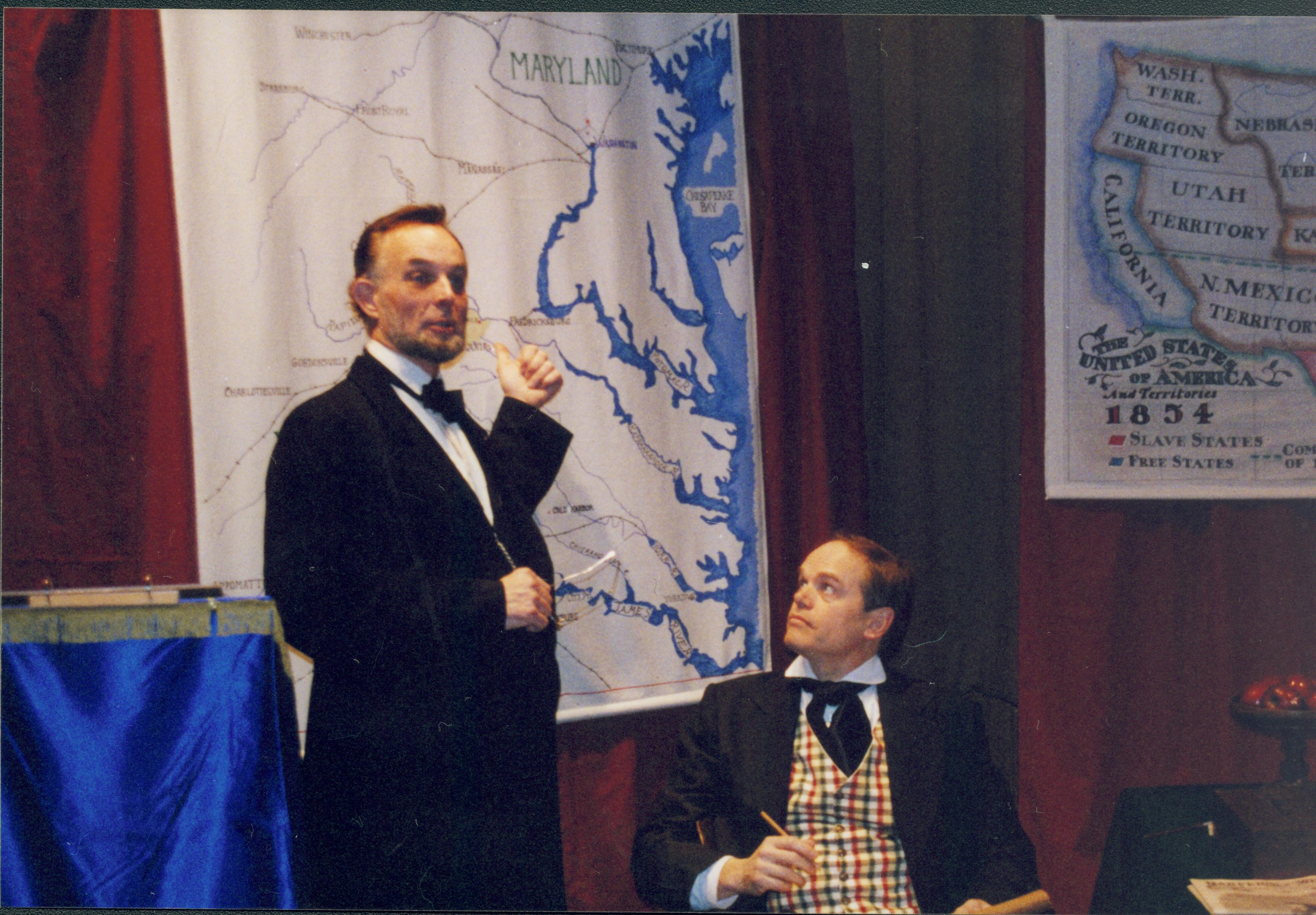 Fritz Klein and Drew Gibson in front of Virginia and Maryland map Lincoln Home NHS- Fritz Klein and Drew Gibson visit, roll 2002-1, exp 21 Klein, Gibson, visit