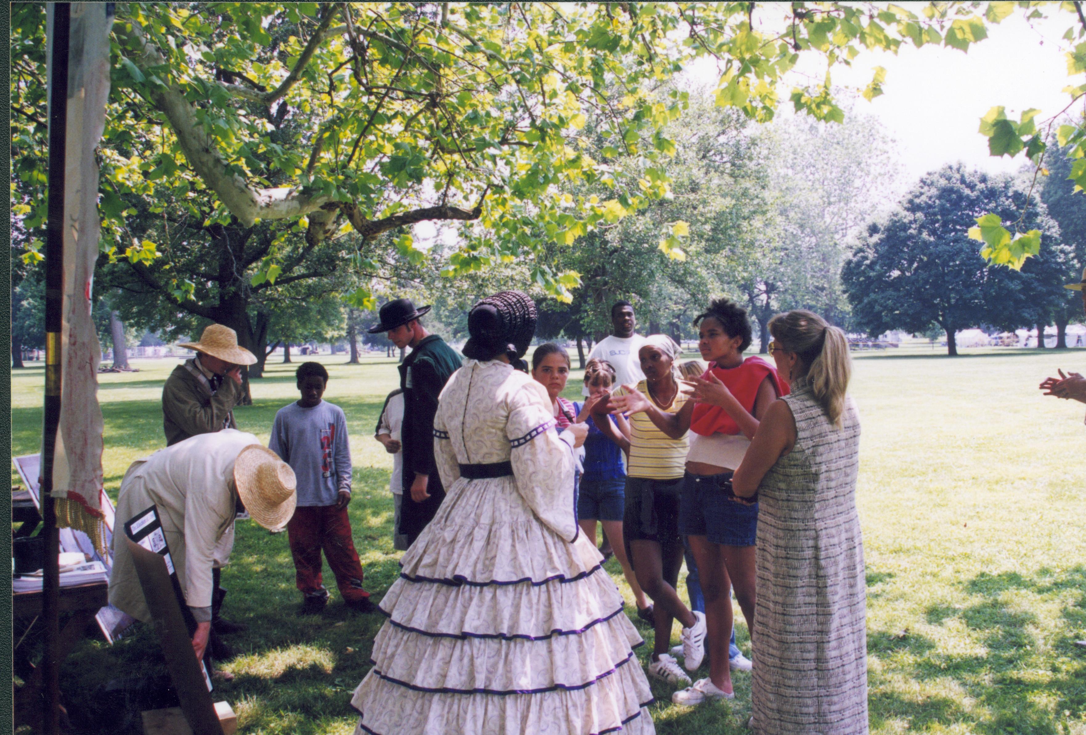 Children talking to people in period dress. Lincoln Home NHS- Grierson Days Jacksonville Grierson, Jacksonville, celebration