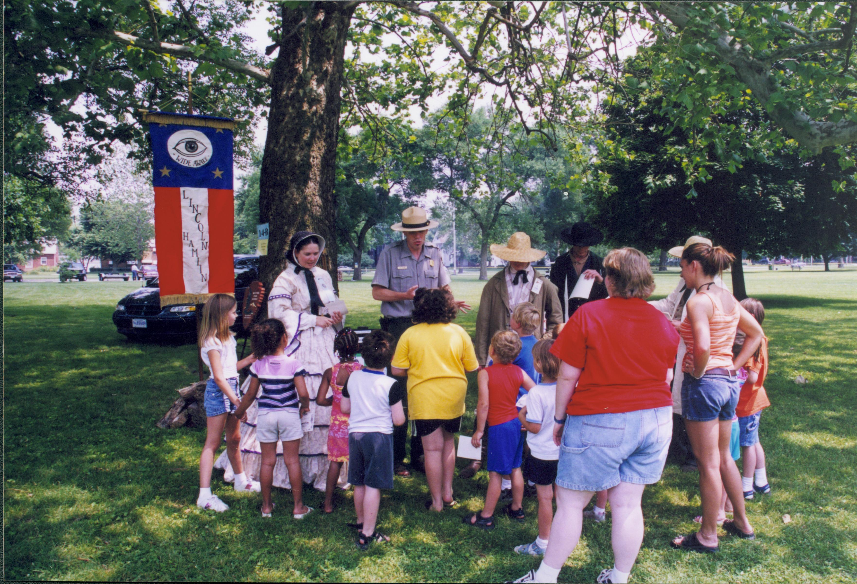 Chidren gathering around Ranger and people in period dress. Lincoln Home NHS- Grierson Days Jacksonville Grierson, Jacksonville, celebration