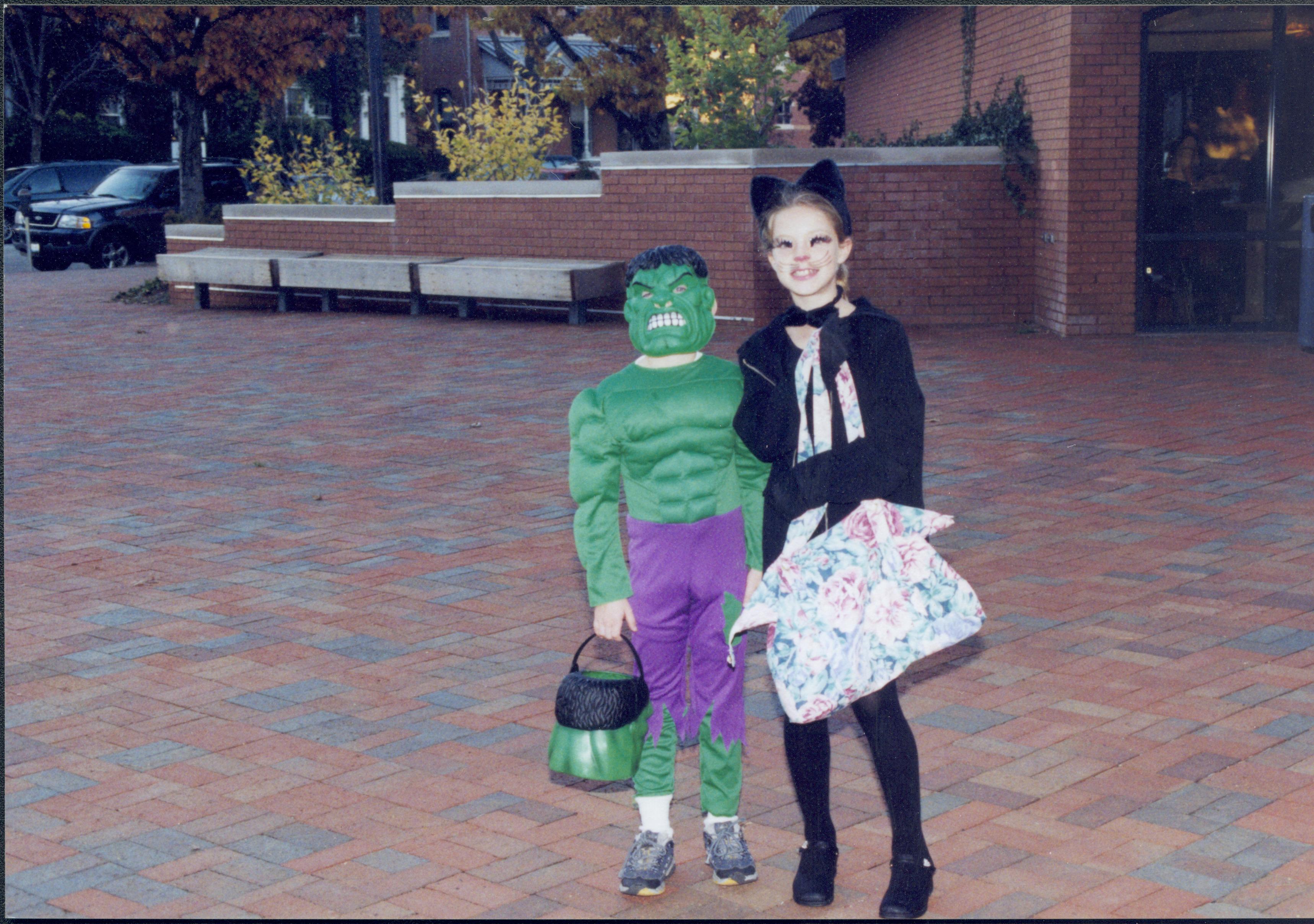 Two children in costume outside VC. Lincoln Home NHS- Halloween halloween, costumes, decorations