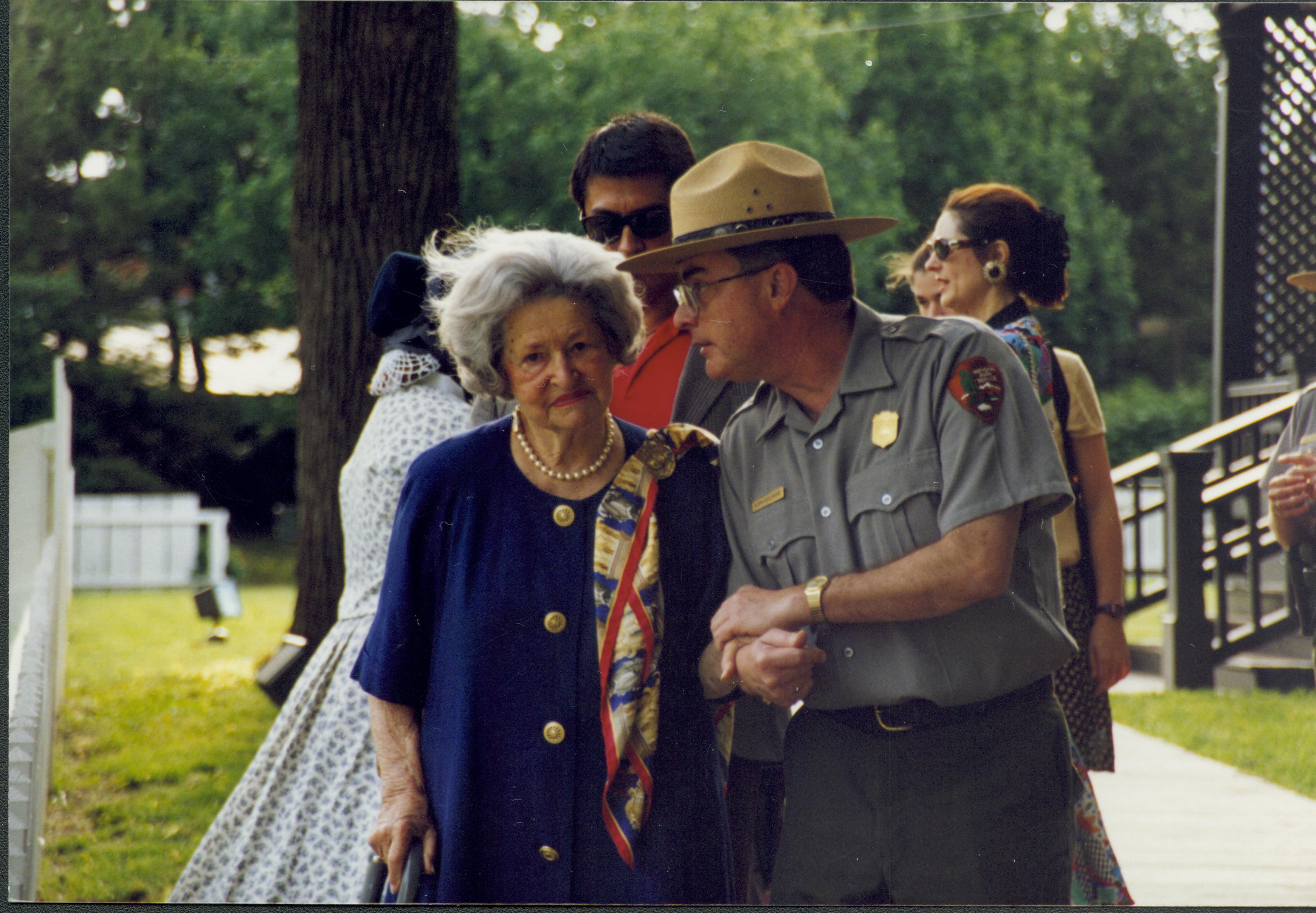 Ranger talking to lady. Lincoln Home NHS- Lady Bird Johnson visit, roll #1 neg #22 Johnson, visit, tour