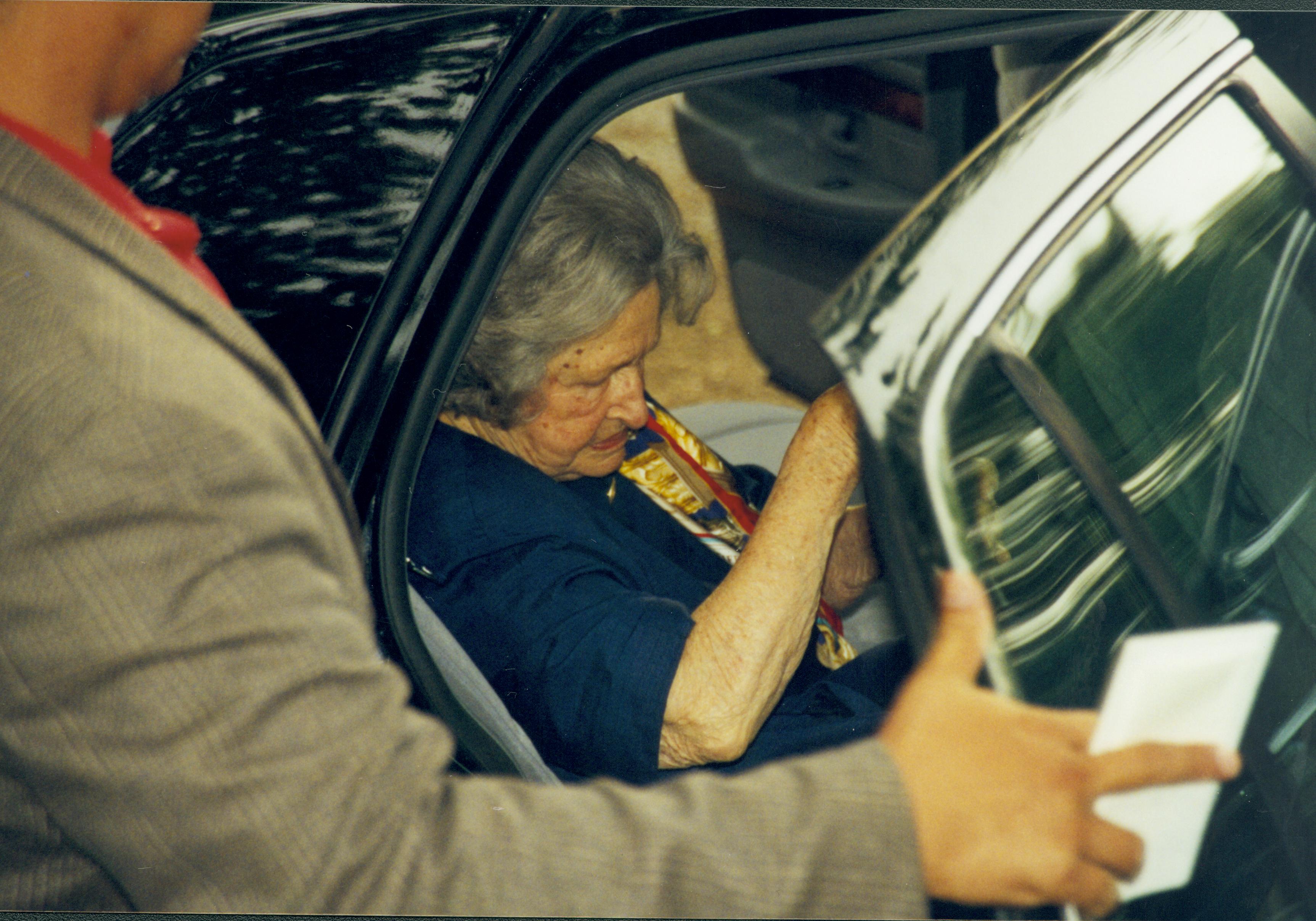 Lady sitting in back seat of car. Lincoln Home NHS- Lady Bird Johnson visit, roll #2 neg #13 Johnson, visit, tour