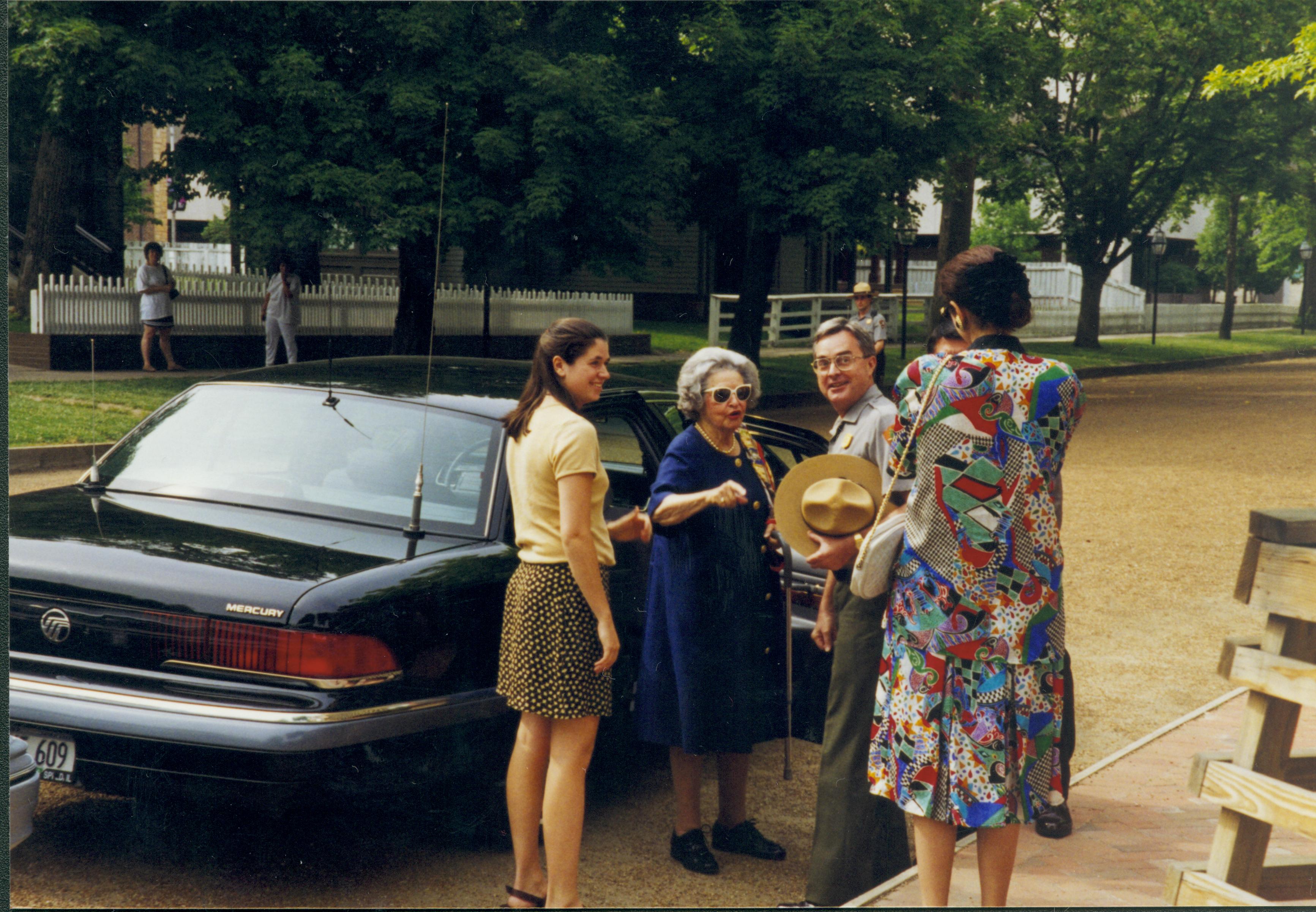 Lady exiting car. Lincoln Home NHS- Lady Bird Johnson visit, roll #1 neg #5 Johnson, visit