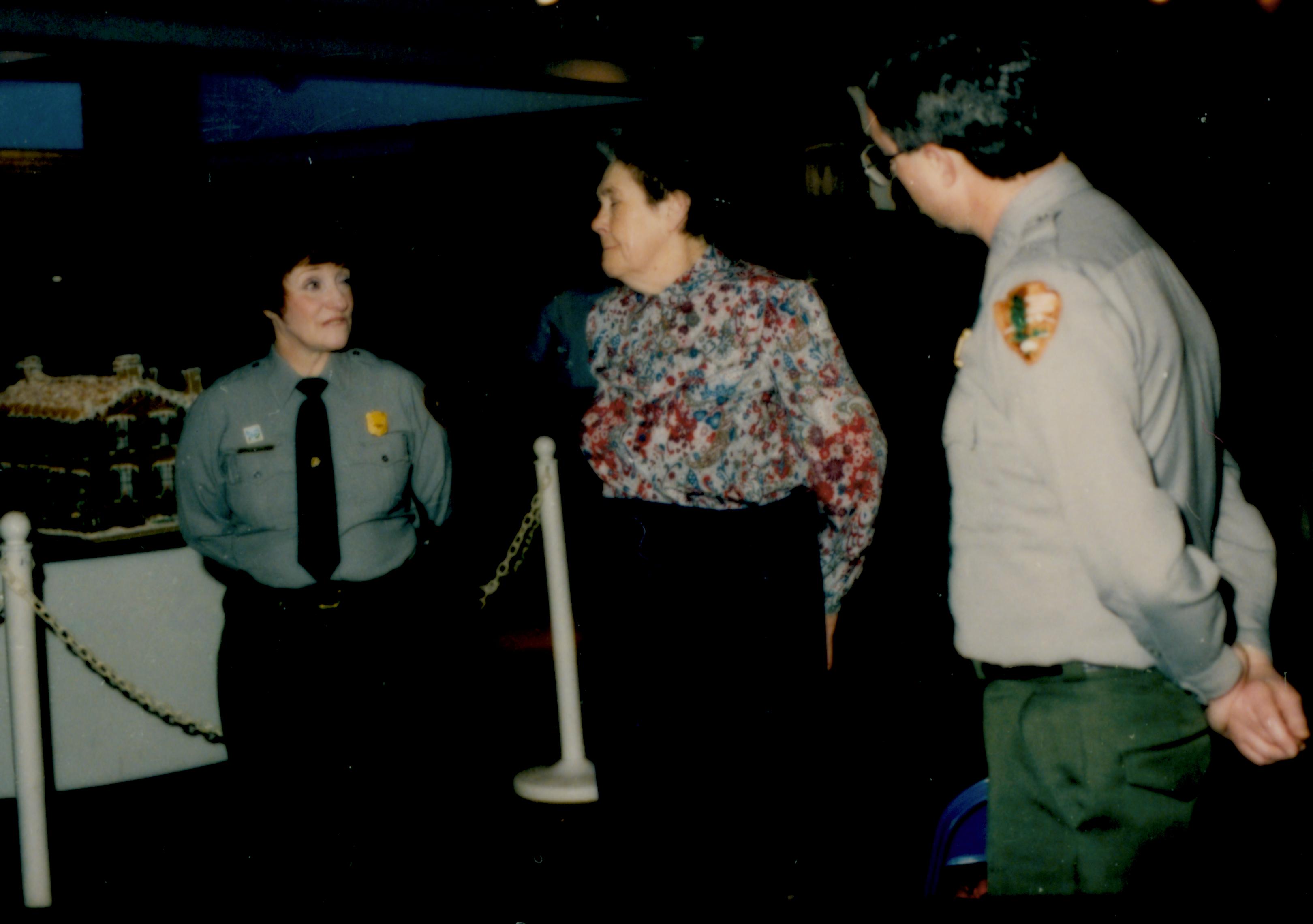 Two rangers and lady talking. Lincoln Home NHS- Author Ruth Ketchum visit, 11 Ketchum, visit