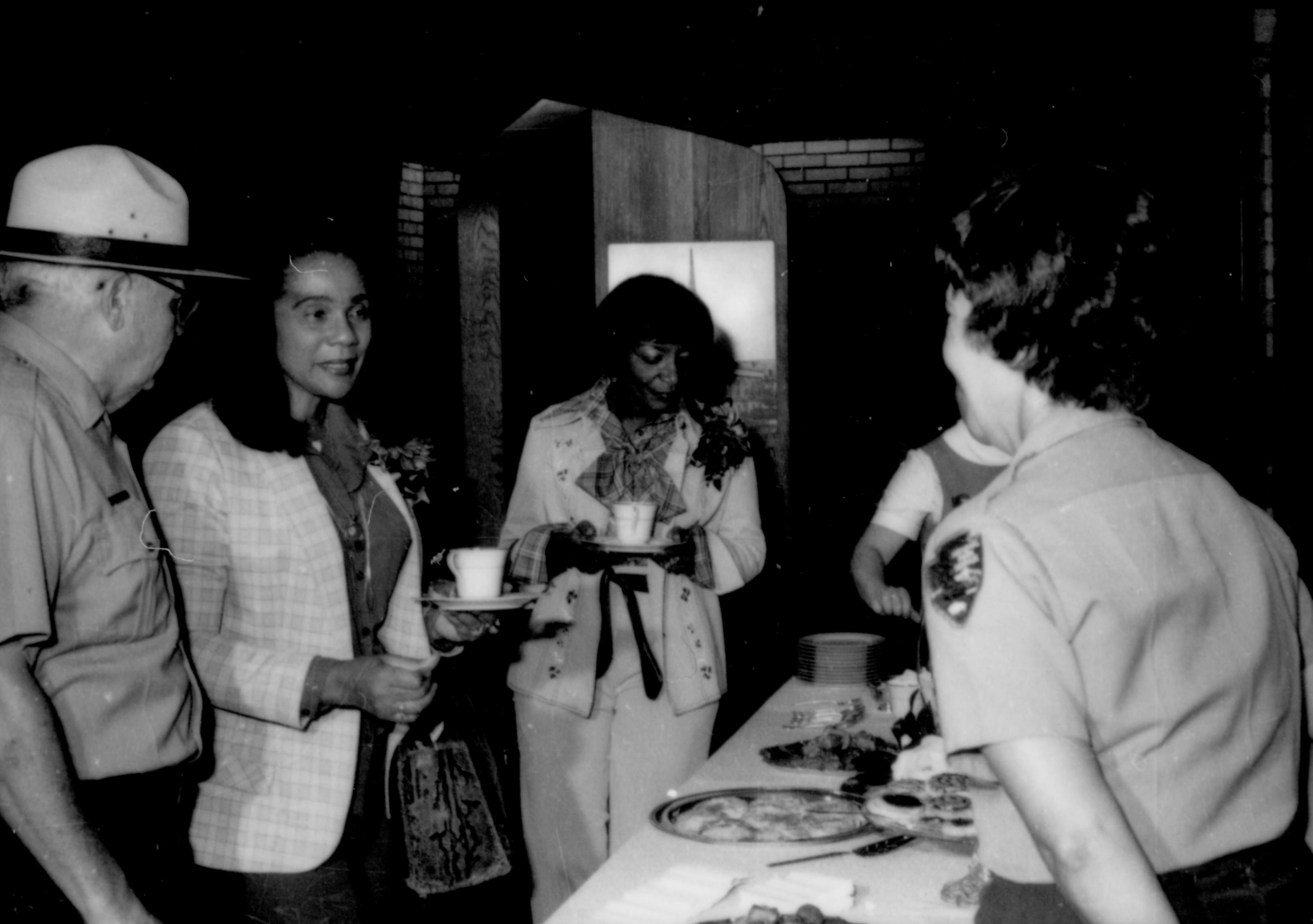 Rangers & visitors at refreshment table. Lincoln Home NHS- Coretta King Visit King, visit, reception