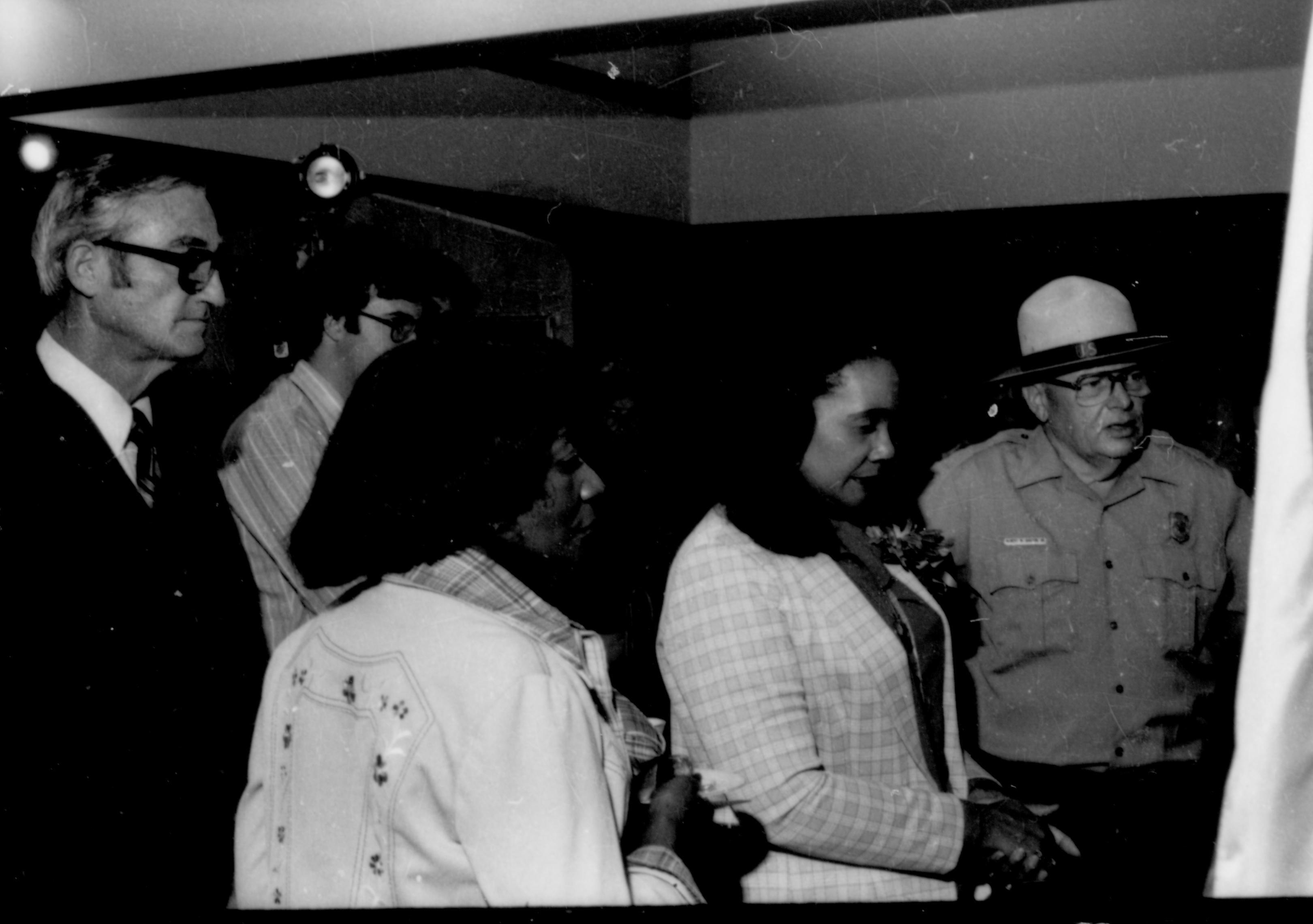 Two ladies & two men listening tp Ranger. Lincoln Home NHS- Coretta King Visit King, visit