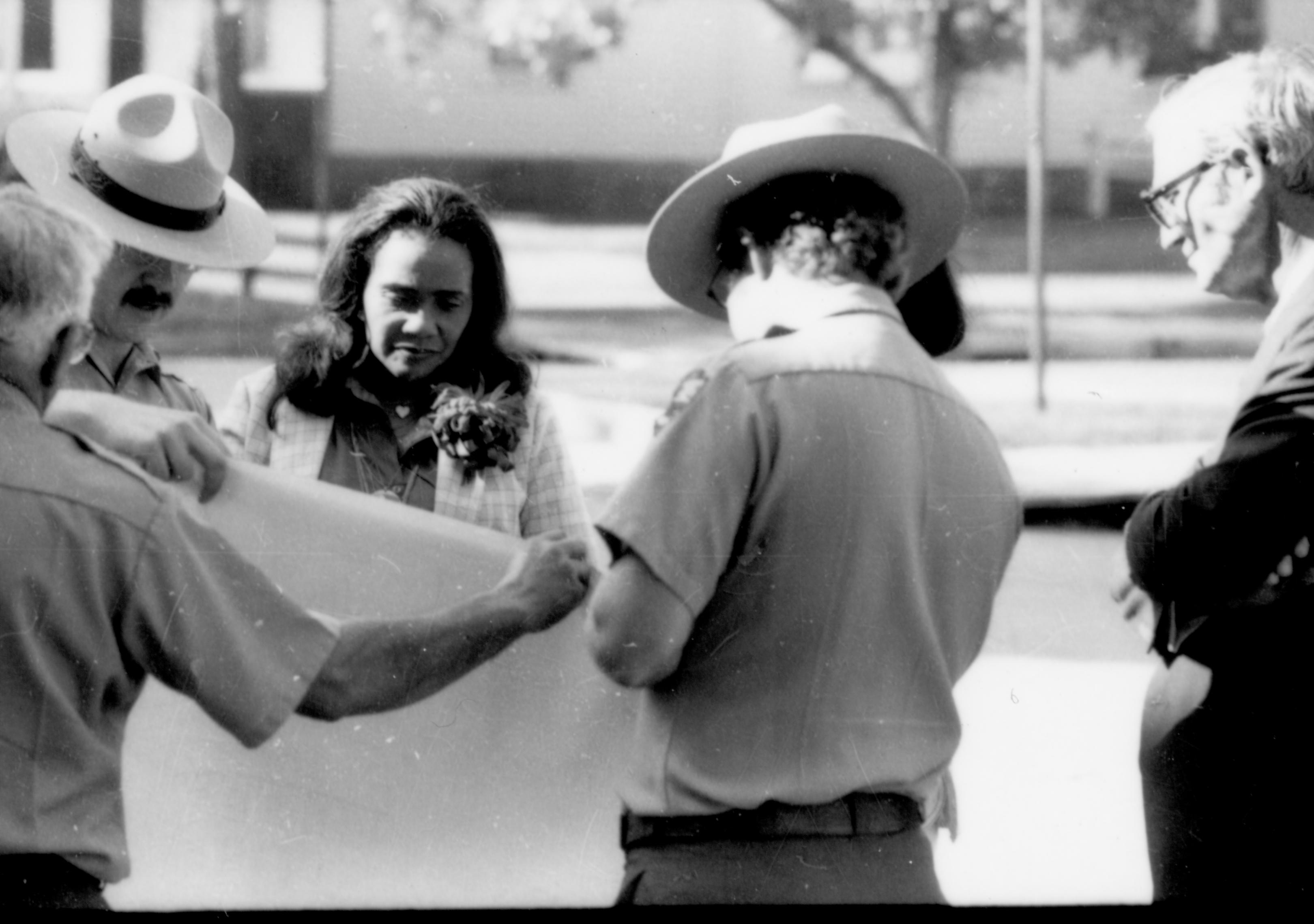 Three Rangers showing lady map. Lincoln Home NHS- Coretta King Visit King, visit