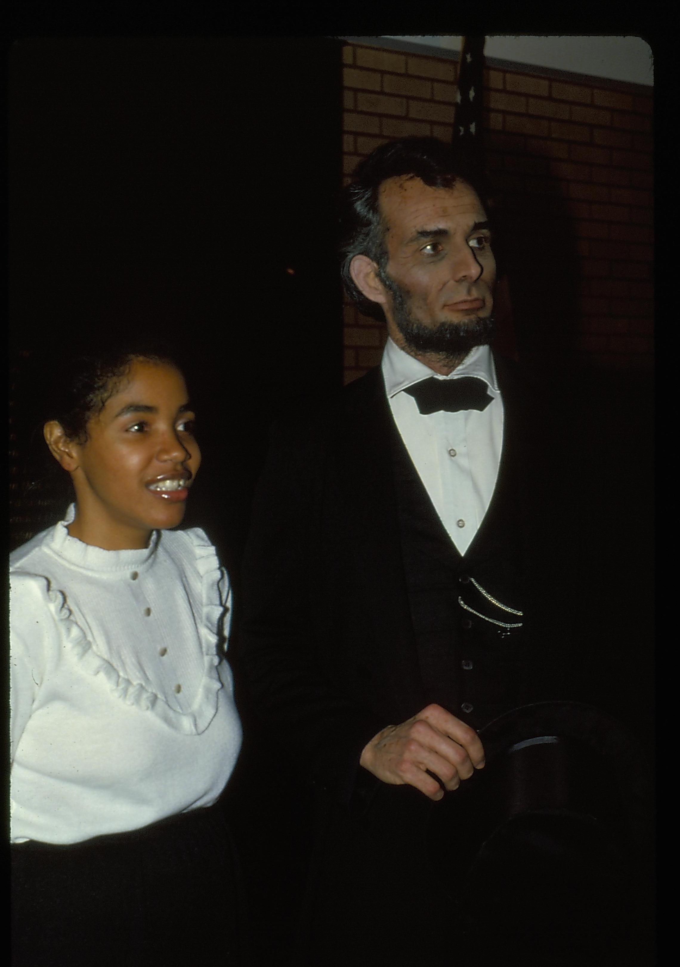 Young lady and Lincoln impersonator. Lincoln Home NHS- Lincoln's Birthday birthday, Lincoln, play