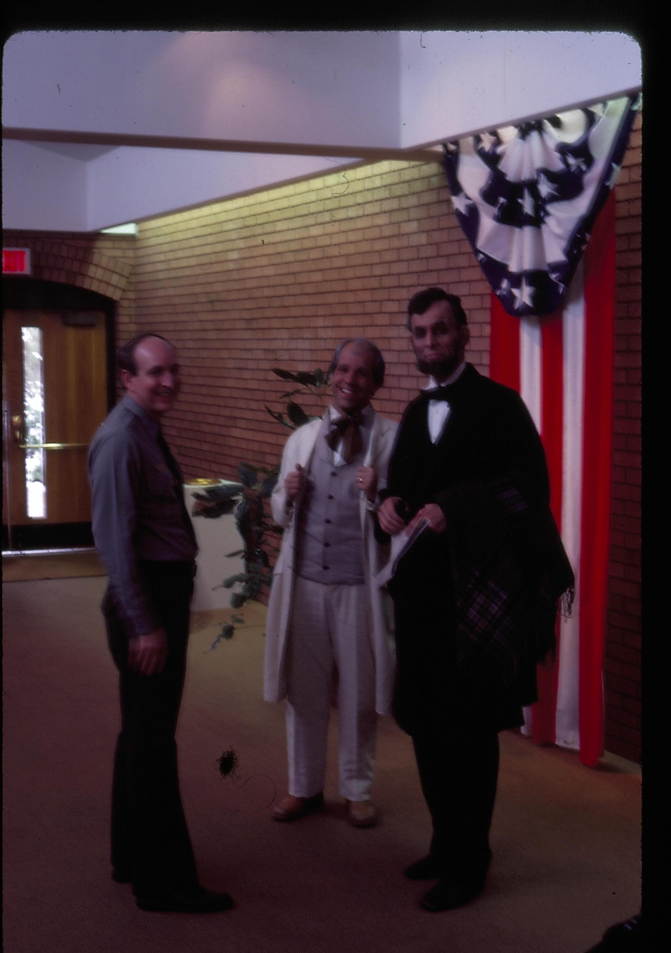 Visitor with two impersonators in VC. Lincoln Home NHS- Lincoln's Birthday 1988 birthday, Lincoln, Douglas, musical