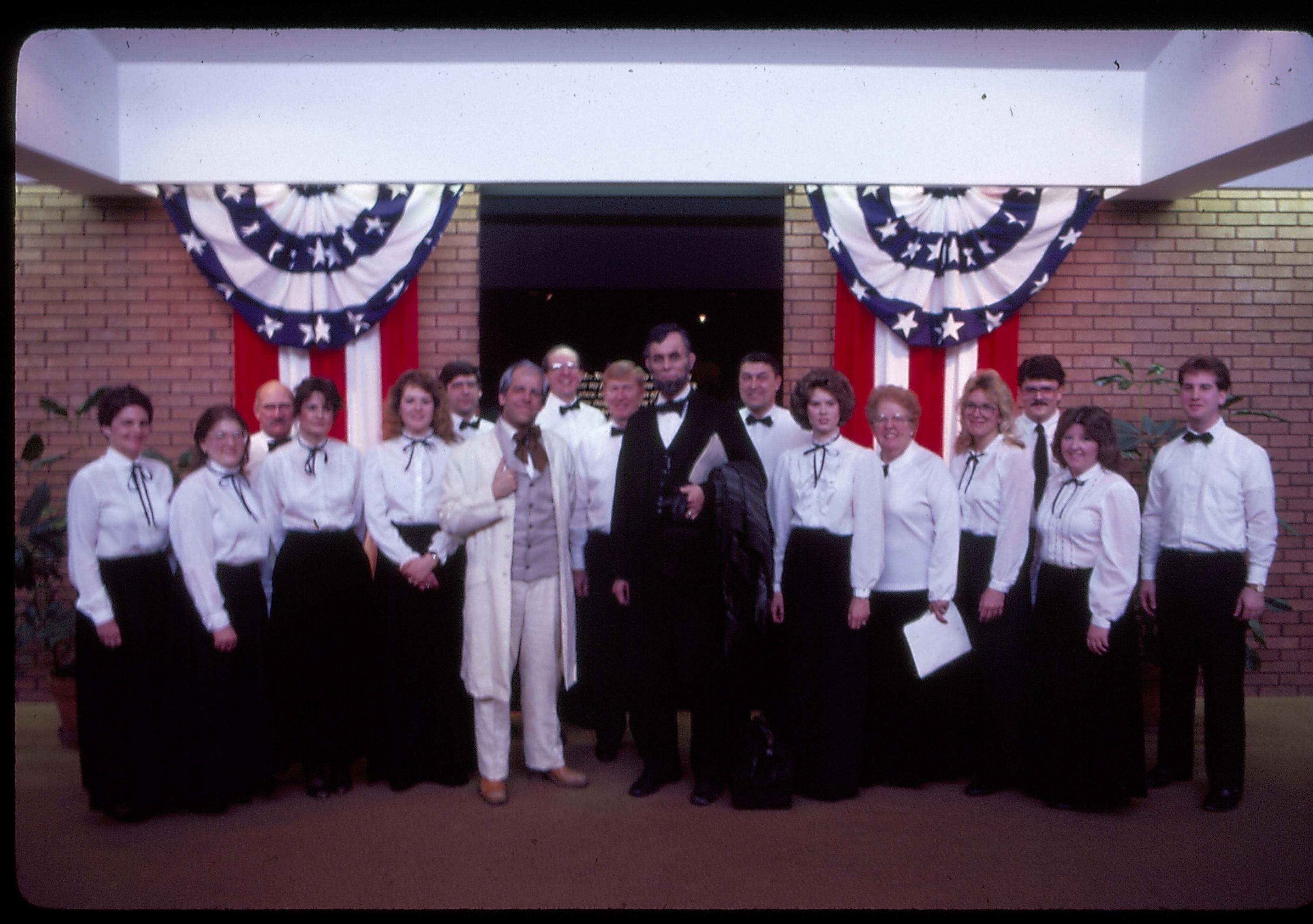 Choir standing in VC with impersonators in front. Lincoln Home NHS- Lincoln's Birthday 1988 birthday, Lincoln, Douglas, musical