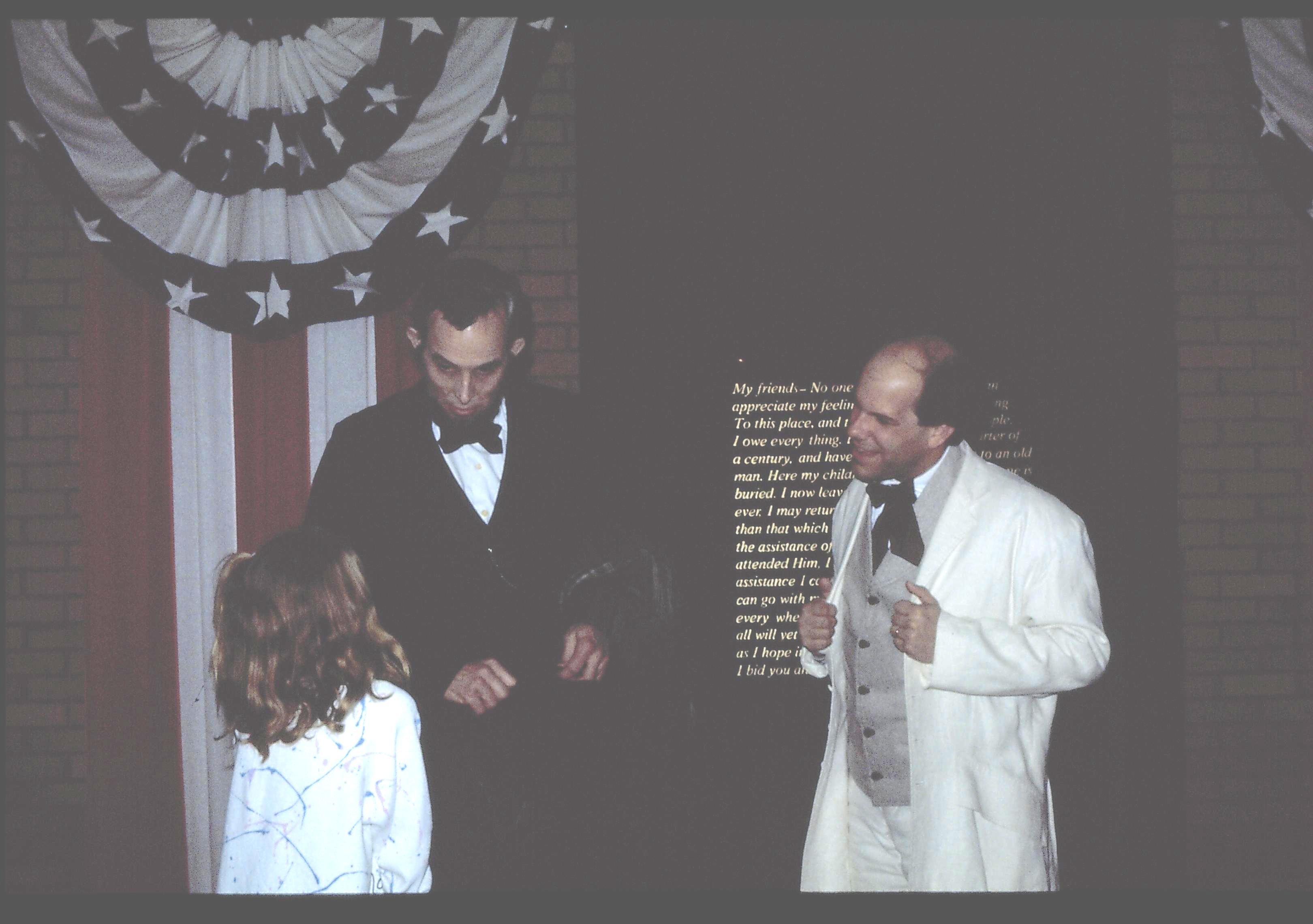 Two impersonators talk with young girl. Lincoln Home NHS- Lincoln's Birthday 1988 birthday, Lincoln, Douglas, musical