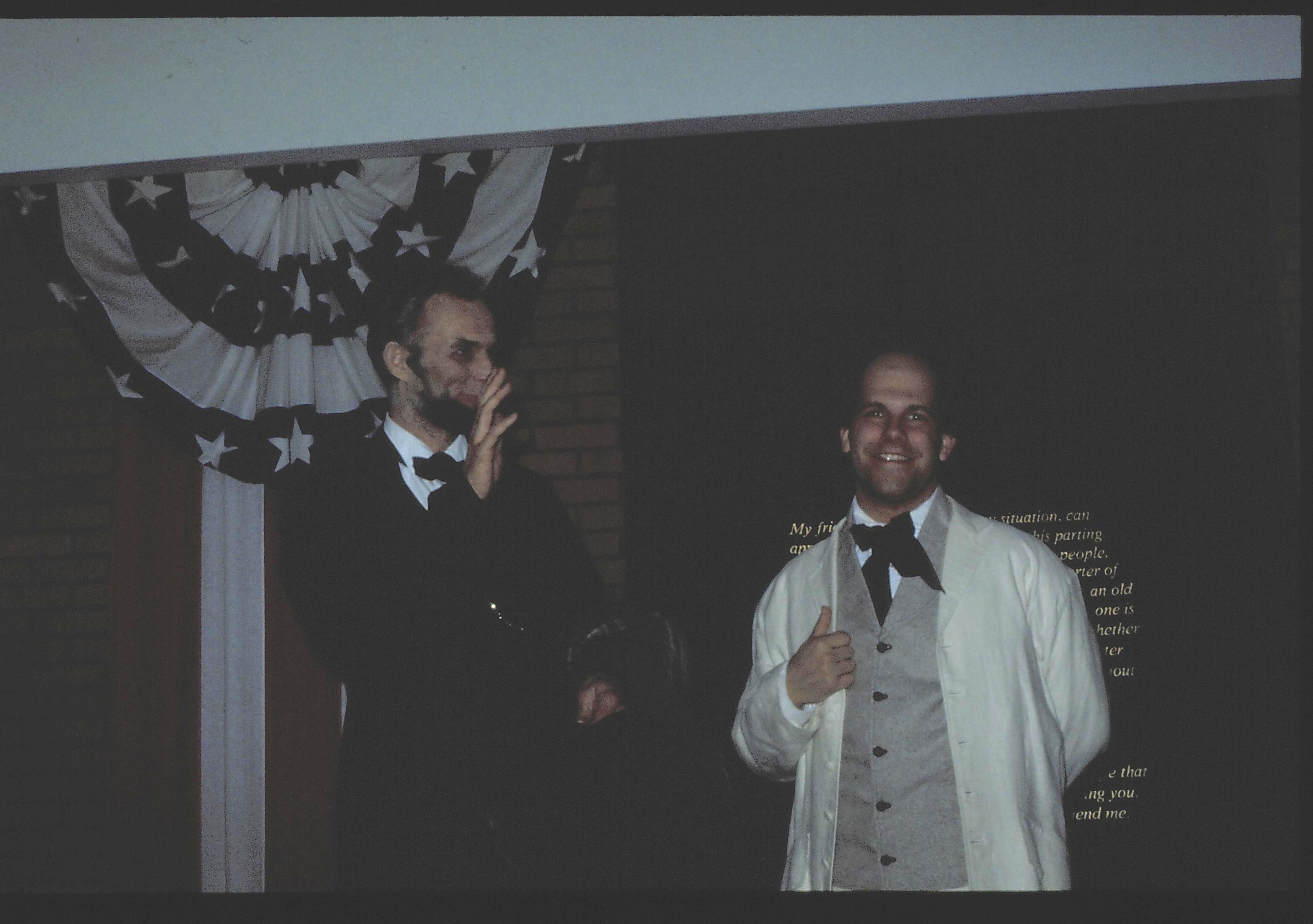 Two impersonators interacting. Lincoln Home NHS- Lincoln's Birthday 1988 birthday, Lincoln, Douglas, musical