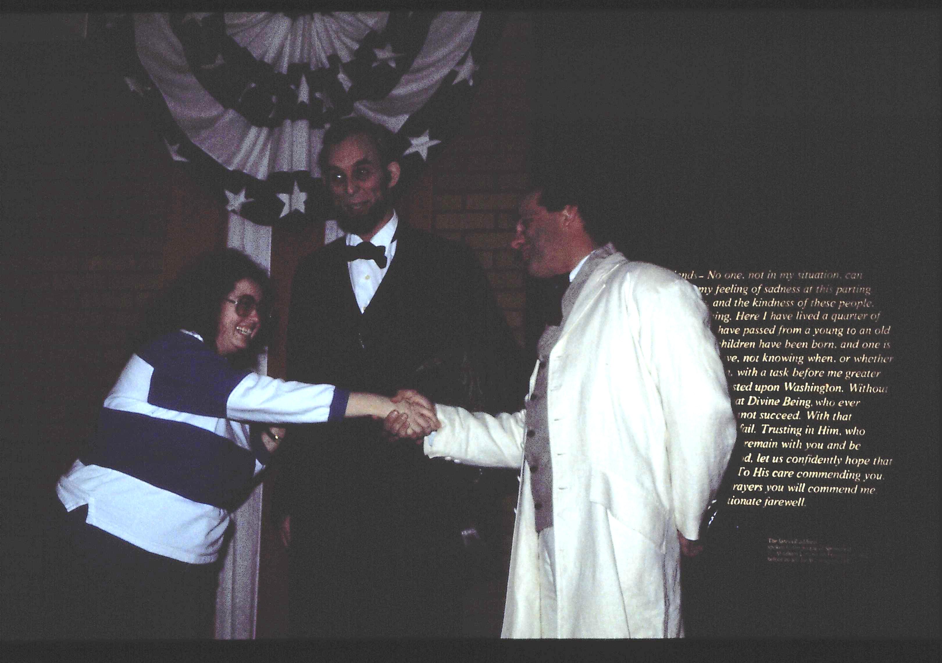 Two impersonators talk with lady. Lincoln Home NHS- Lincoln's Birthday 1988 birthday, Lincoln, Douglas, musical