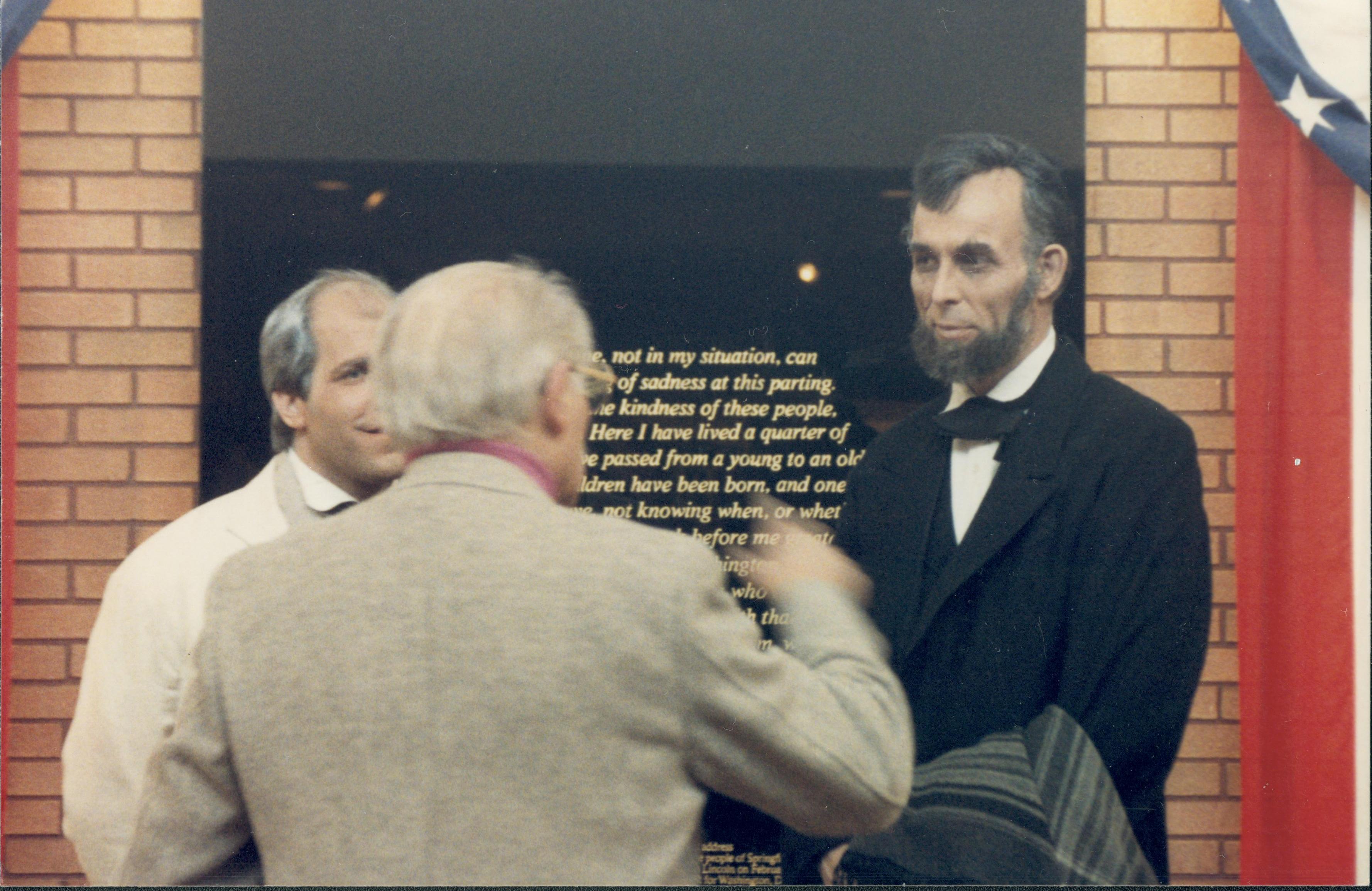 Man speaking to two impersonators. Lincoln Home NHS- Lincoln's Birthday 1988 birthday, Lincoln, Douglas