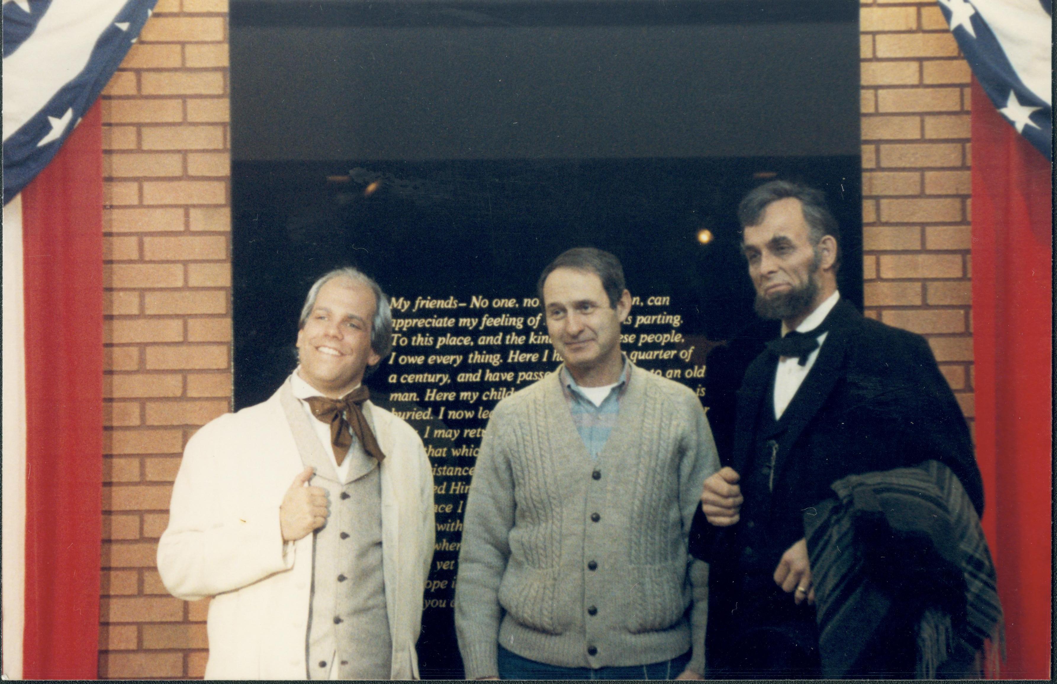Two impersonators and visitor posing in VC. Lincoln Home NHS- Lincoln's Birthday 1988 birthday, Lincoln, Douglas