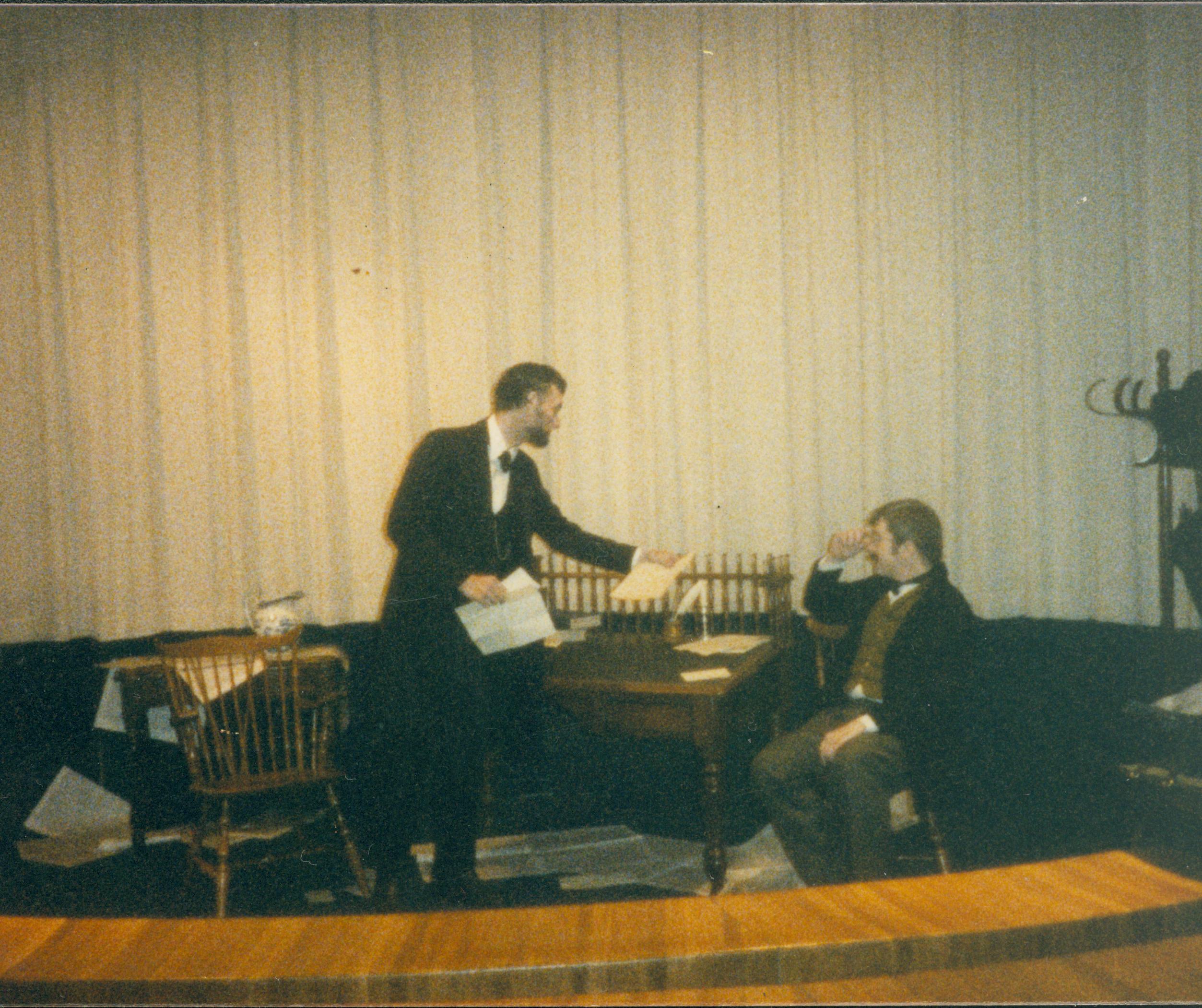 Two men in period dress acting. Lincoln Home NHS- Lincoln's Birthday birthday, Lincoln, play