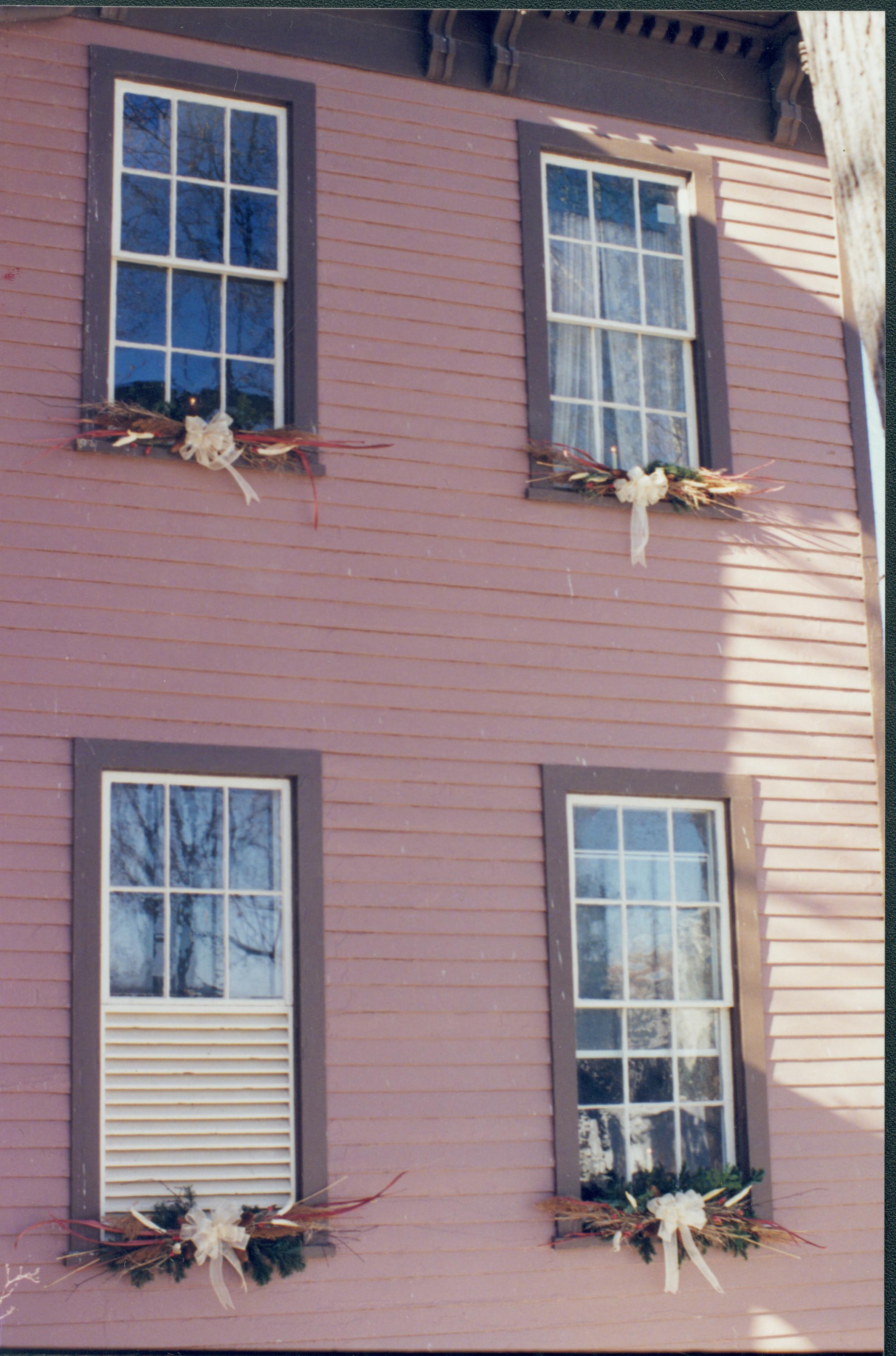 Lincoln Home NHS- Christmas in Lincoln Neighborhood Looking south west, Christmas decor on exterior window sills of Beedle home. Detail. Christmas, neighborhood, decor, detail, window, sill, Beedle