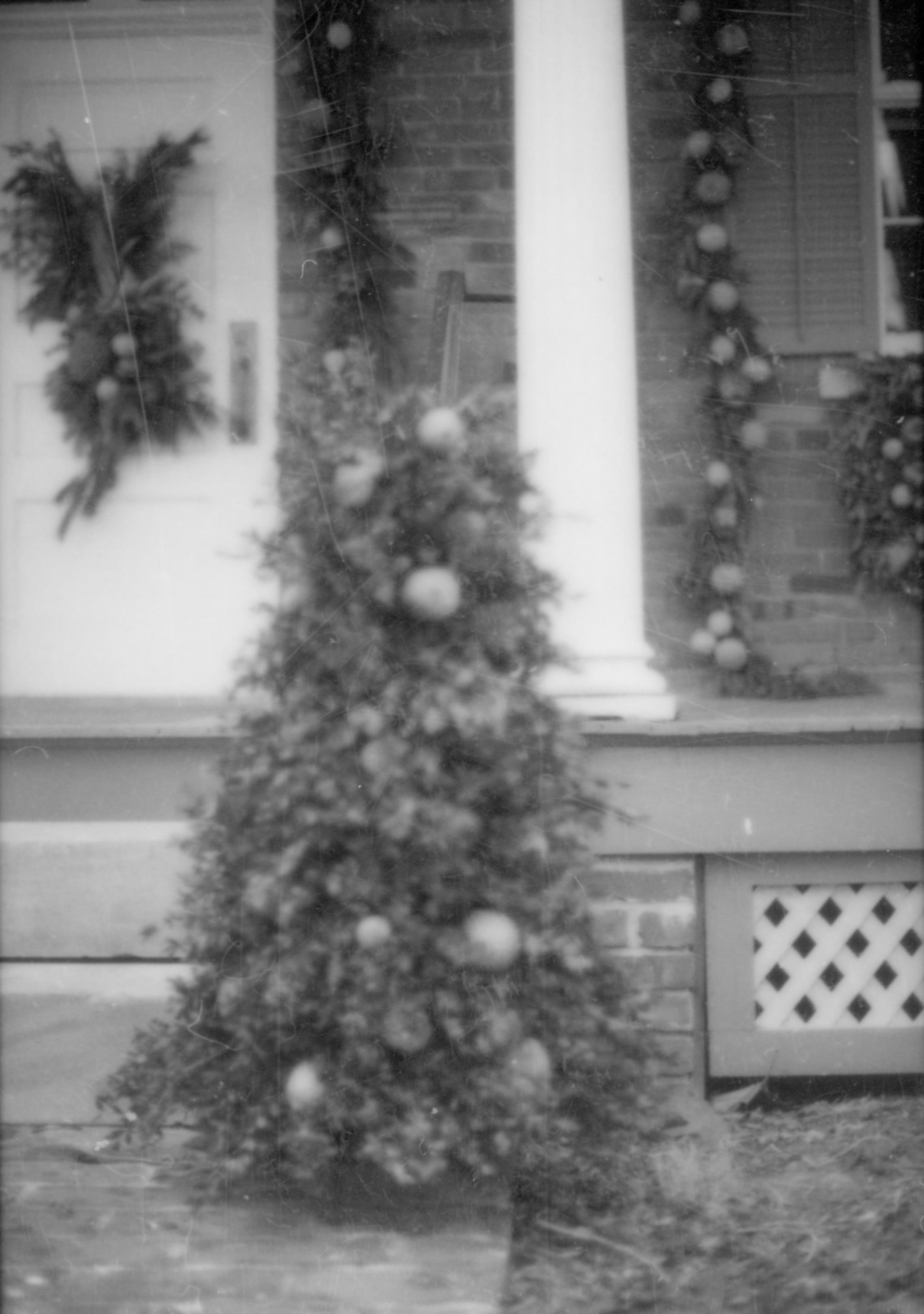 Lincoln Home NHS- Christmas in Lincoln Neighborhood Looking east, Christmas decor on Conference Center porch and walk. Christmas, decorations, neighborhood, decor, wreath, tree, garland, conference, center