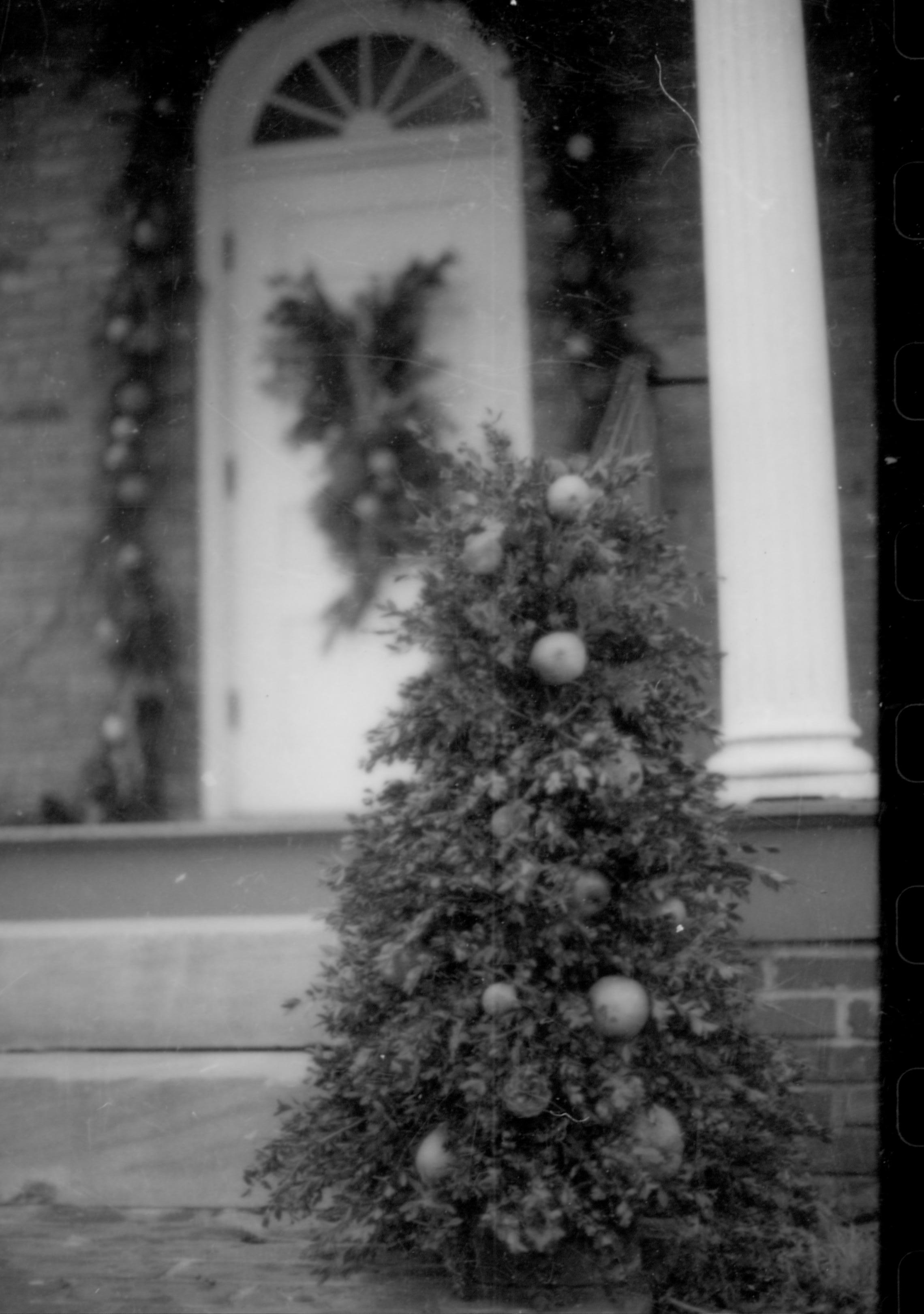 Lincoln Home NHS- Christmas in Lincoln Neighborhood Looking north east, Christmas decor on porch and walk of Conference Center. Christmas, decorations, neighborhood, tree, garland, wreath, conference, center, decor