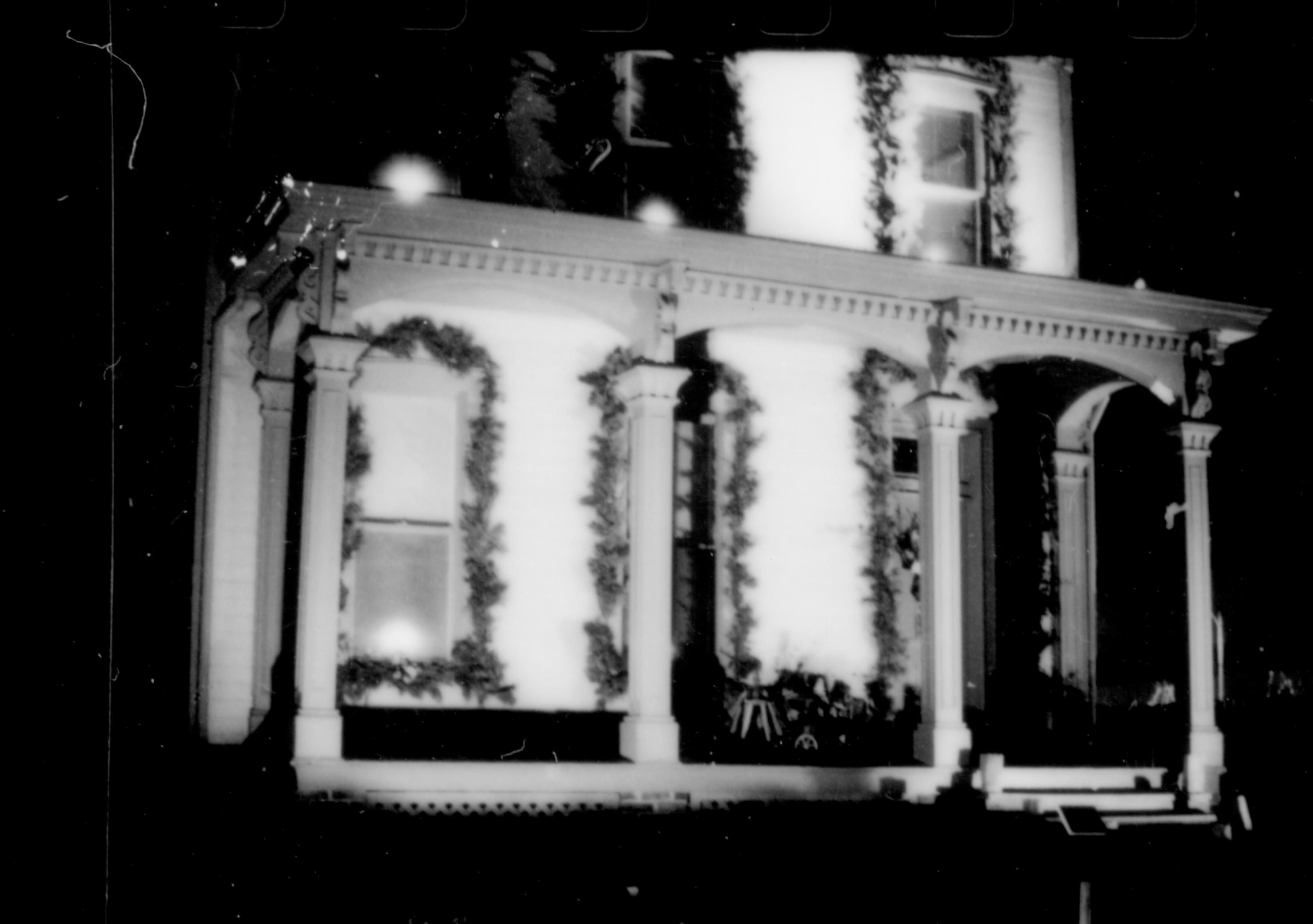 Lincoln Home NHS- Christmas in Lincoln Neighborhood Looking north west, Christmas decor on Beedle house porch at night. Christmas, decorations, neighborhood, night, decor, Beedle, porch