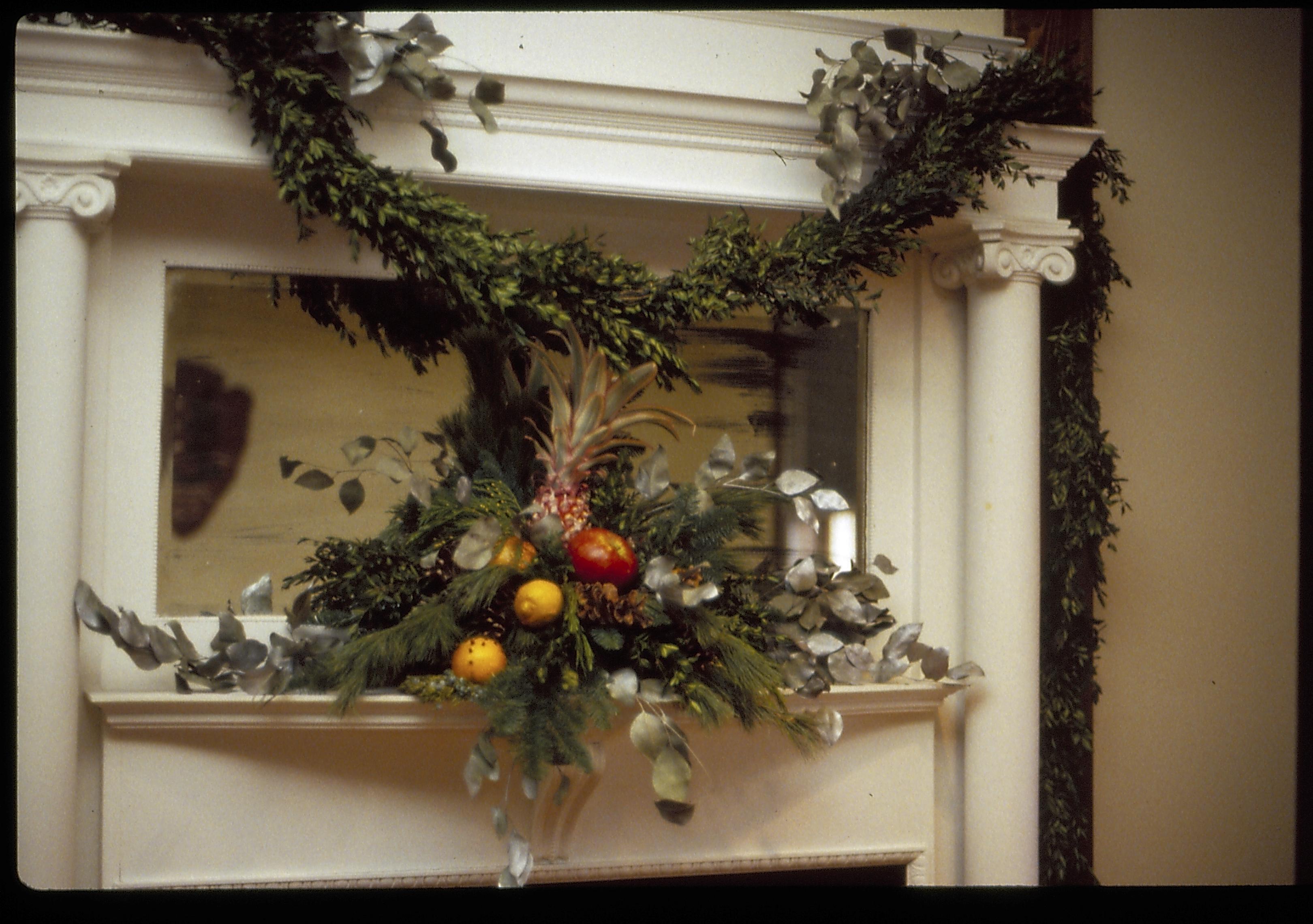 Lincoln Home NHS- Christmas in Lincoln Neighborhood Looking north, front parlor fireplace of Rosenwald house decorated for Christmas. Christmas, decorations, wreath, garland, fireplace, Rosenwald, Lyon, parlor