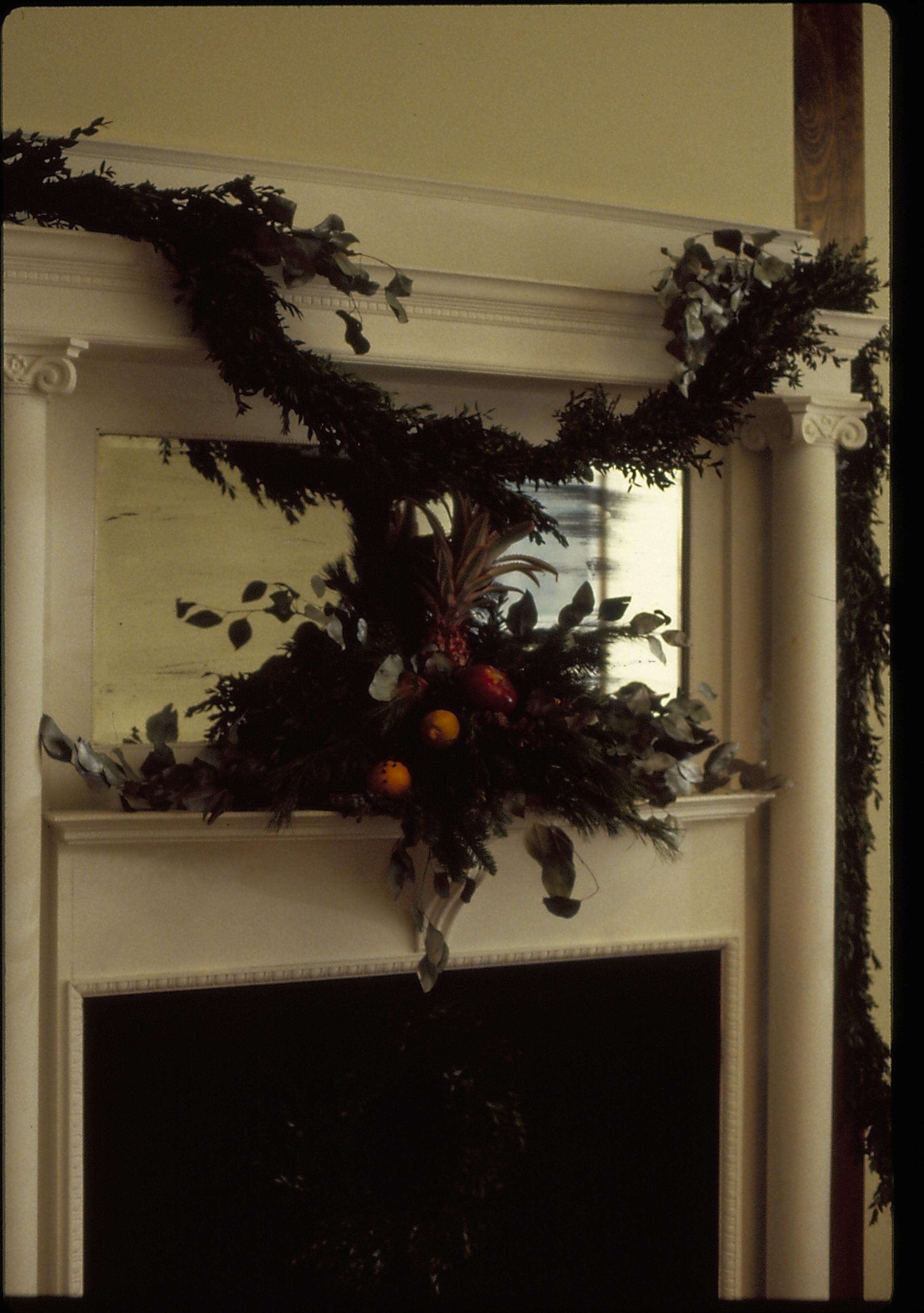 Lincoln Home NHS- Christmas in Lincoln Neighborhood Looking north east, Rosenwald parlor fireplace decorated for Christmas. Detail. Christmas, decorations, decor, Rosenwald, Lyon, wreath, garland, fireplace