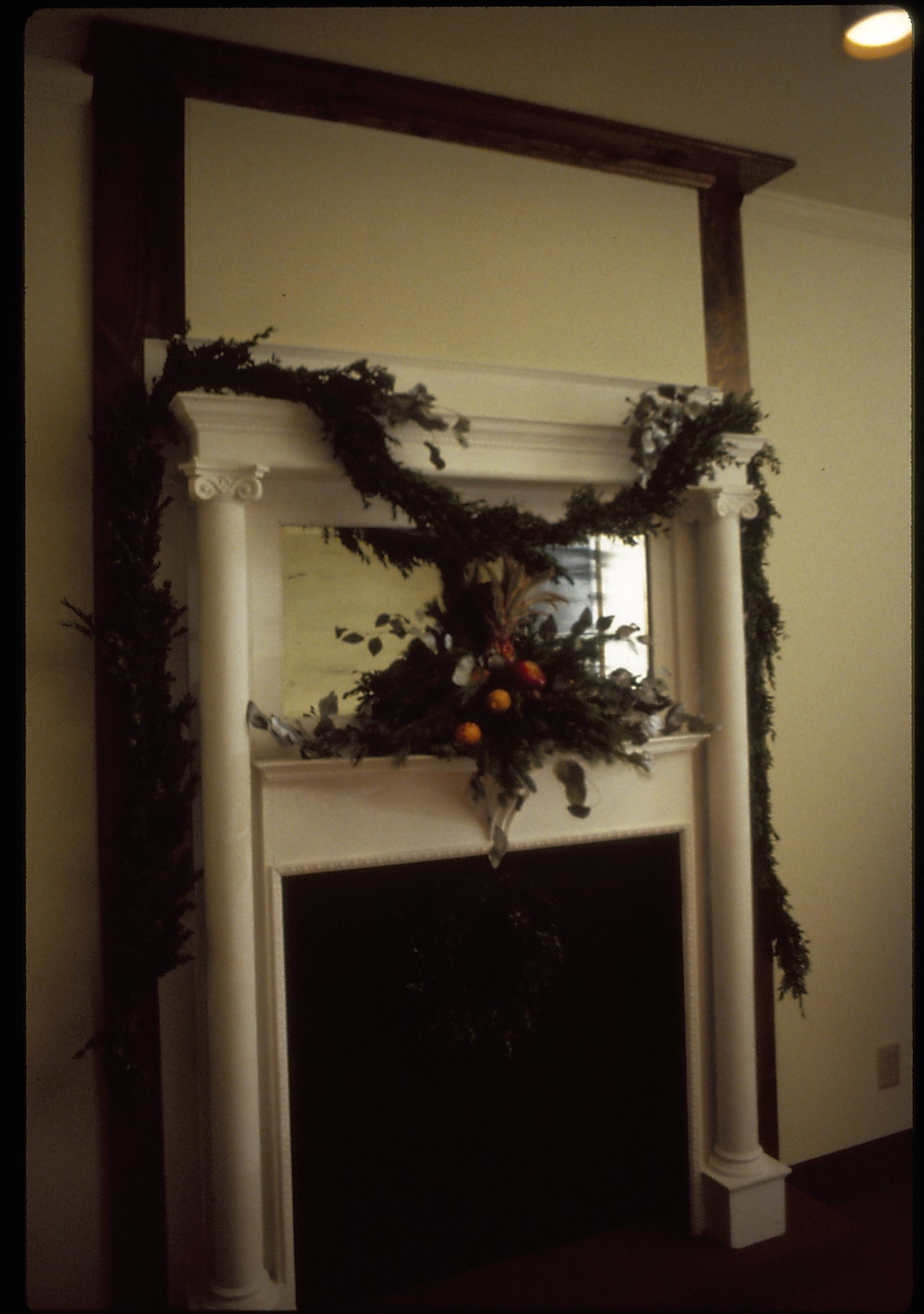 Lincoln Home NHS- Christmas in Lincoln Neighborhood Looking north east, Rosenwald parlor fireplace decorated for Christmas. Detail. Christmas, decorations, decor, Rosenwald, Lyon, fireplace, wreath, garland, parlor