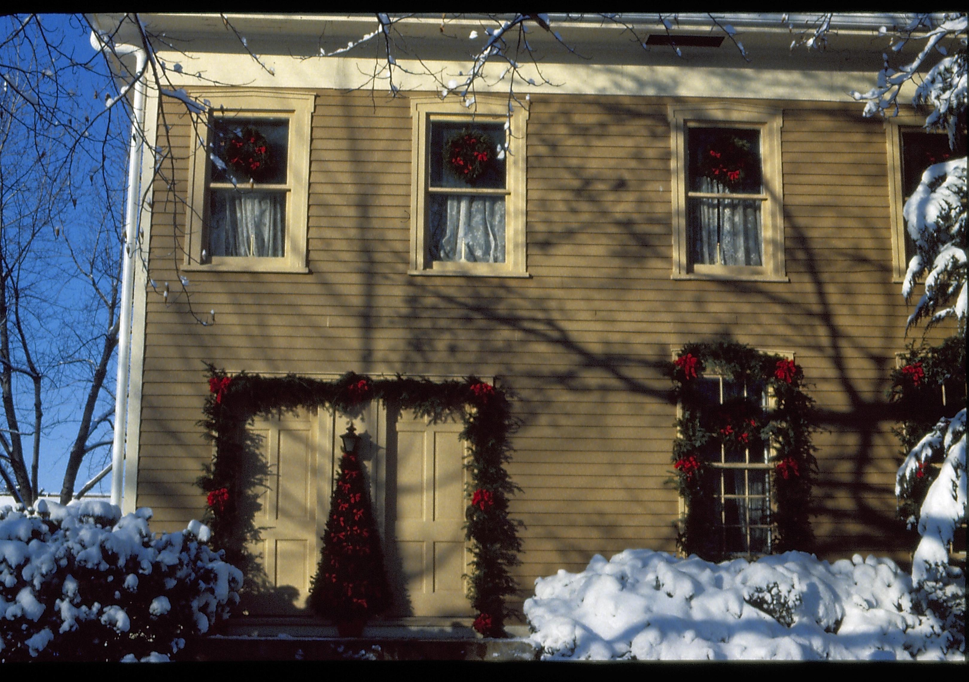 Lincoln Home NHS- Christmas in Lincoln Neighborhood Looking west from 8th Street, Miller house decorated for Christmas. Christmas, decorations, Miller, decor, wreath, garland