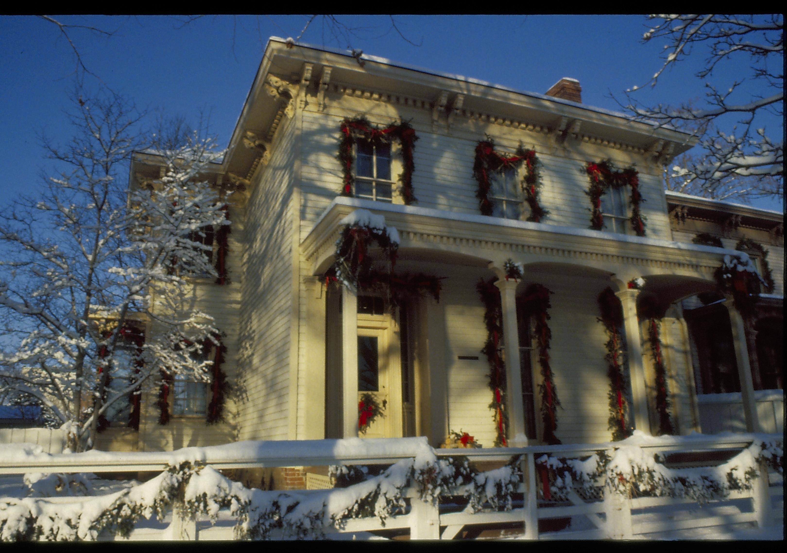 Lincoln Home NHS- Christmas in Lincoln Neighborhood Looking west from boardwalk, Rosenwald house decorated for Christmas. Christmas, decorations, decor, Rosenwald, Lyon, wreath, garland