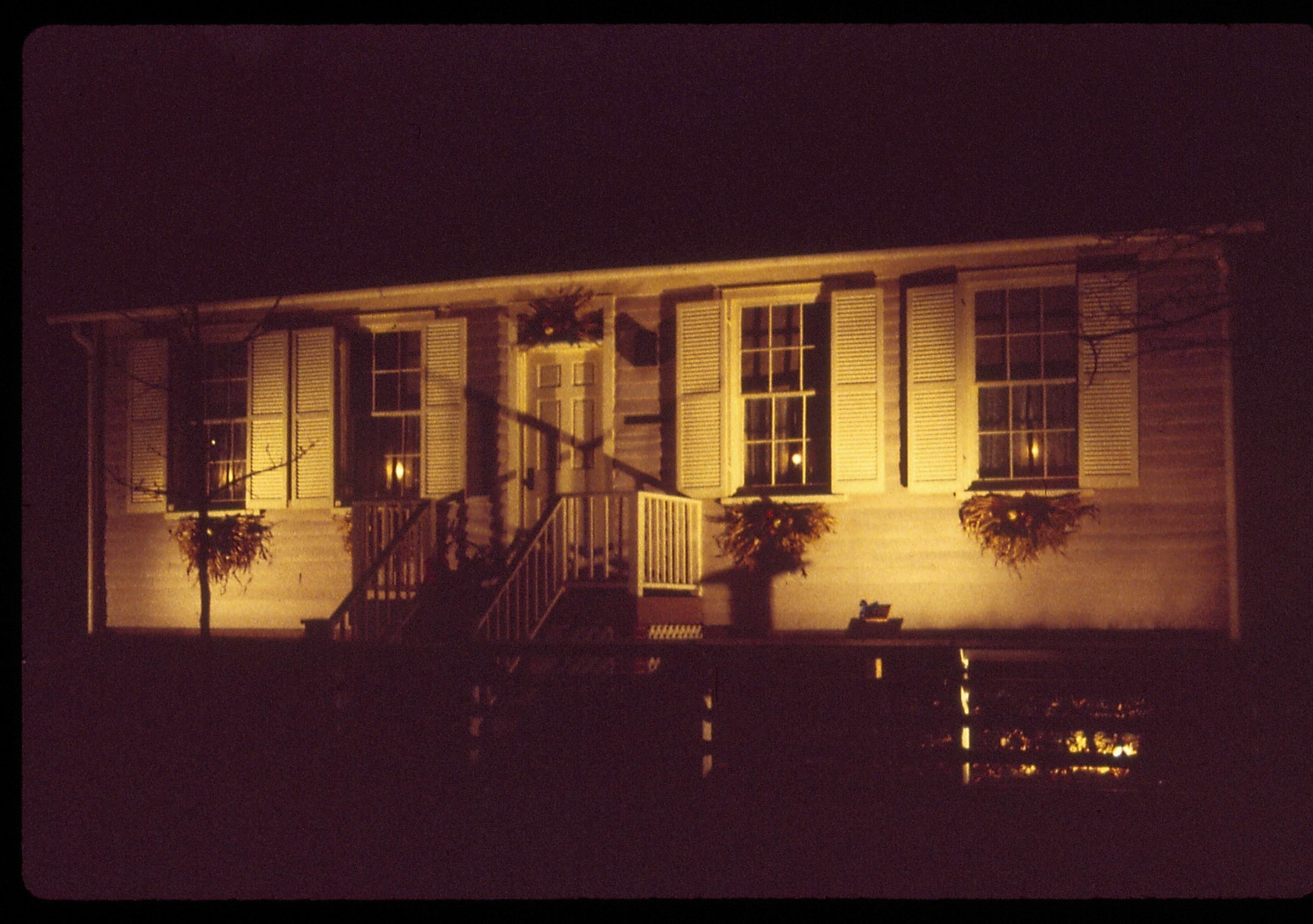 Lincoln Home NHS- Christmas in Lincoln Neighborhood Looking east from 8th Street, Corneau house decorated for Christmas. Night, Christmas, decorations, night, Corneau, decor, wreath, garland