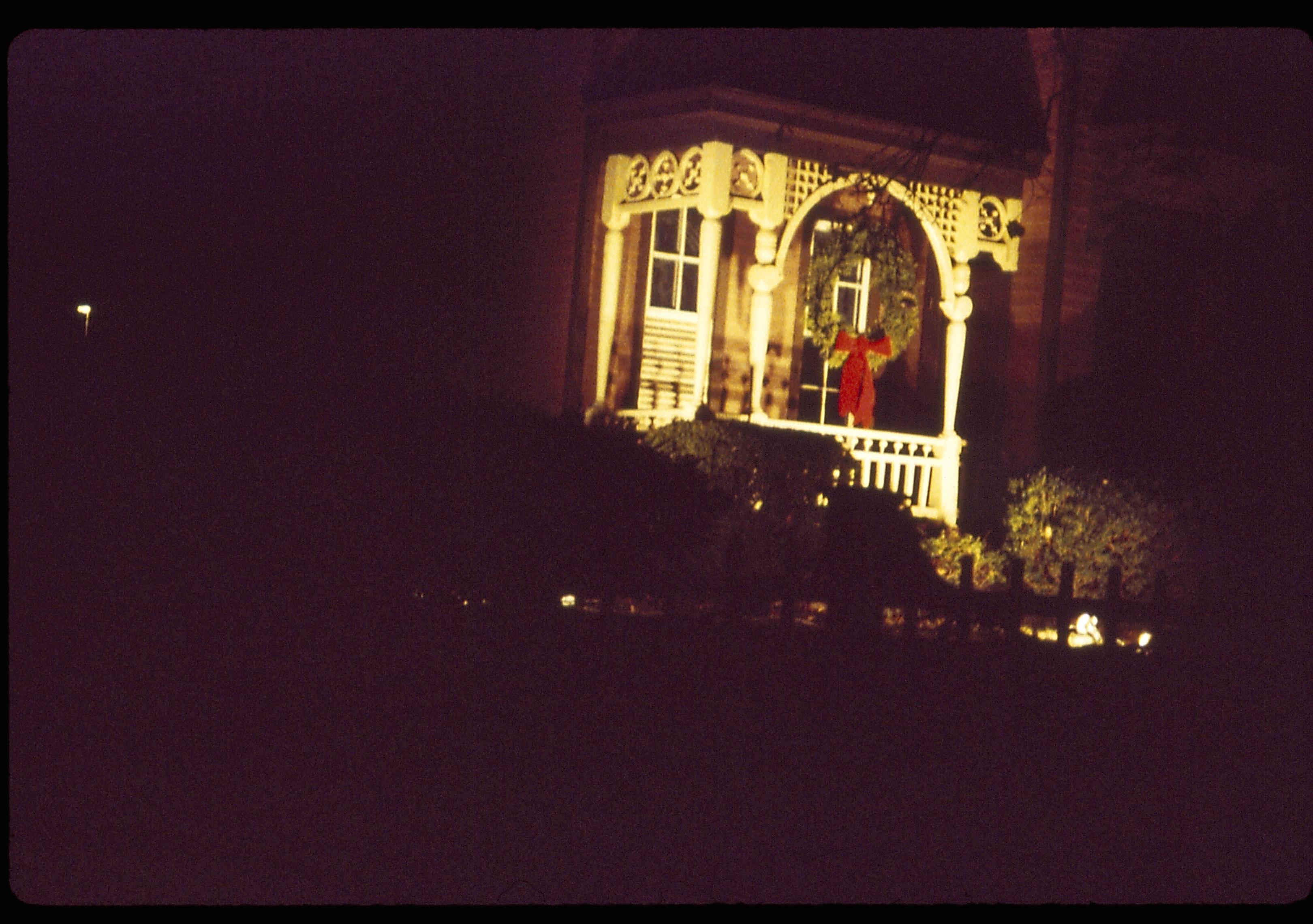 Lincoln Home NHS- Christmas in Lincoln Neighborhood Looking west, Dean house decorated for Christmas. Night. Detail. Christmas, decorations, night, wreath, garland, Dean