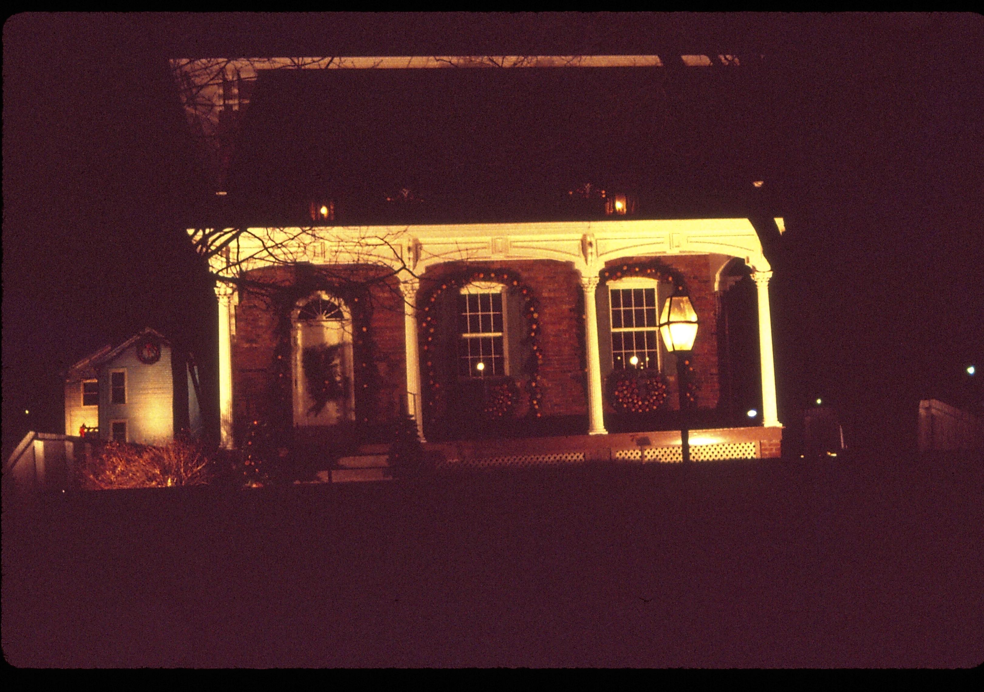 Lincoln Home NHS- Christmas in Lincoln Neighborhood Looking east from 8th Street, Conference Center decorated for Christmas. Night. Christmas, decorations, night, Conference, Center, garland, wreath, decor