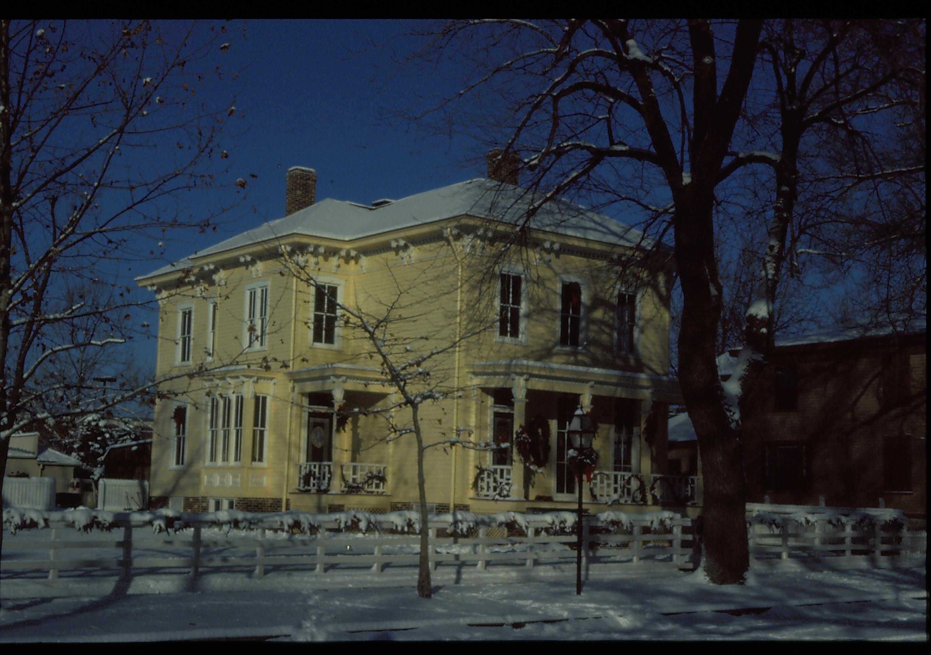 Lincoln Home NHS- Christmas in Lincoln Neighborhood Looking north west from 8th and Edwards, Shutt house decorated for Christmas. Christmas, decorations, Shutt, snow, decor, garland, wreath