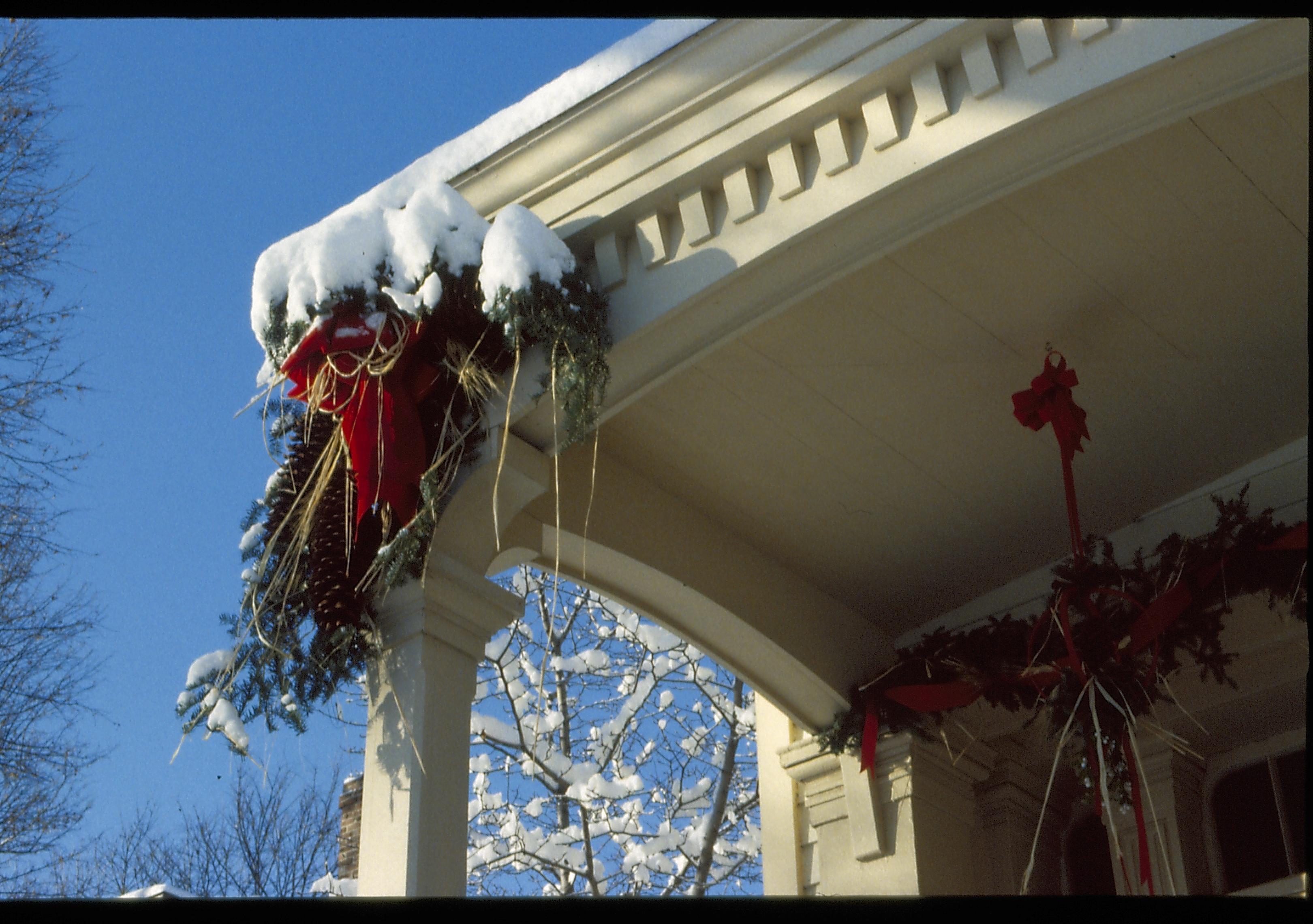 Lincoln Home NHS- Christmas in Lincoln Neighborhood Looking up and south west, Rosenwald porch Christmas decoration. Christmas, decorations, Rosenwald, Lyon, porch, decor, garland, snow