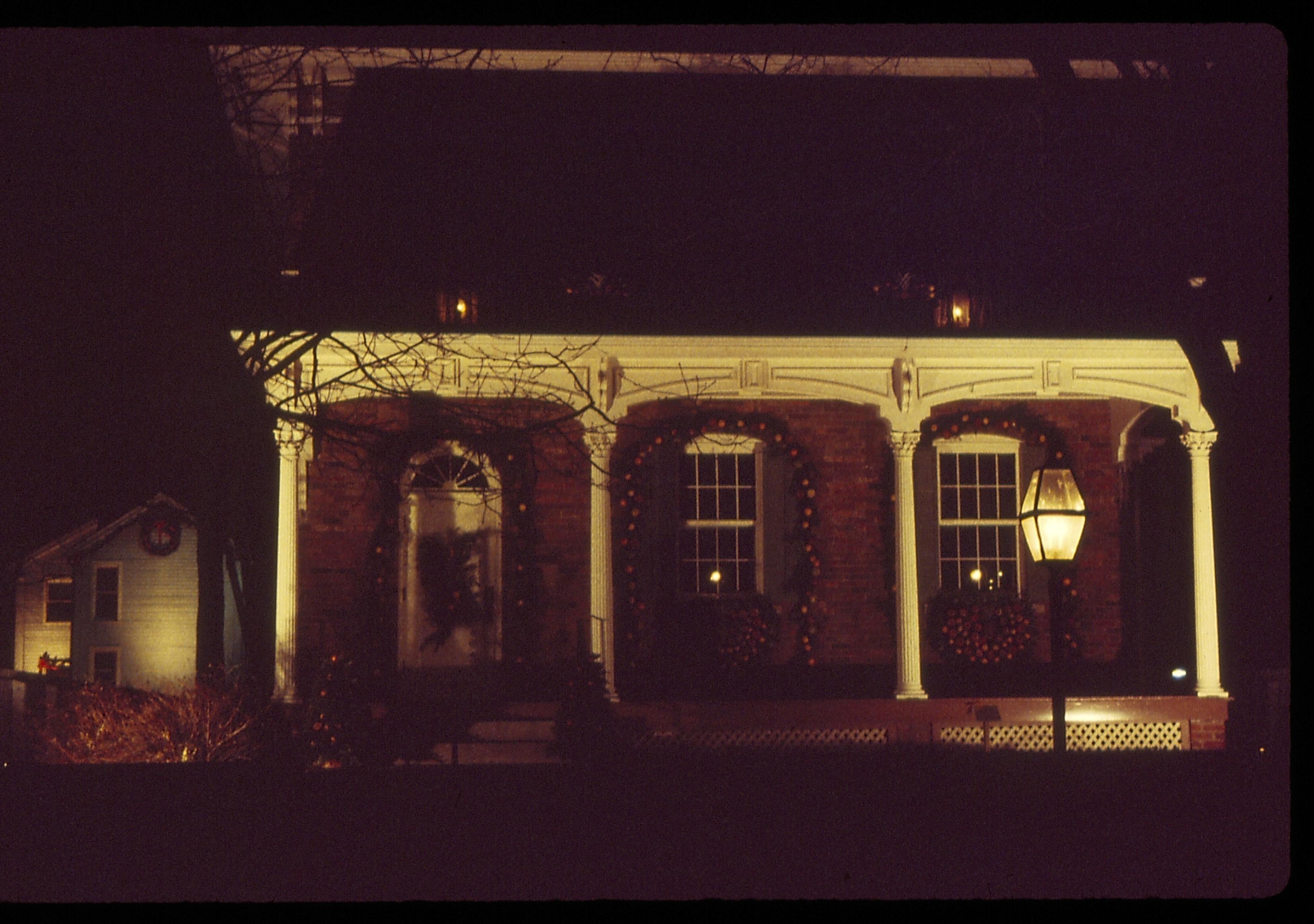 Lincoln Home NHS- Christmas in Lincoln Neighborhood Looking east from 8th Street, Conference Center decorated for Christmas, Morse in background. Christmas, decorations, Conference, center, Morse, decor, wreath, garland, night