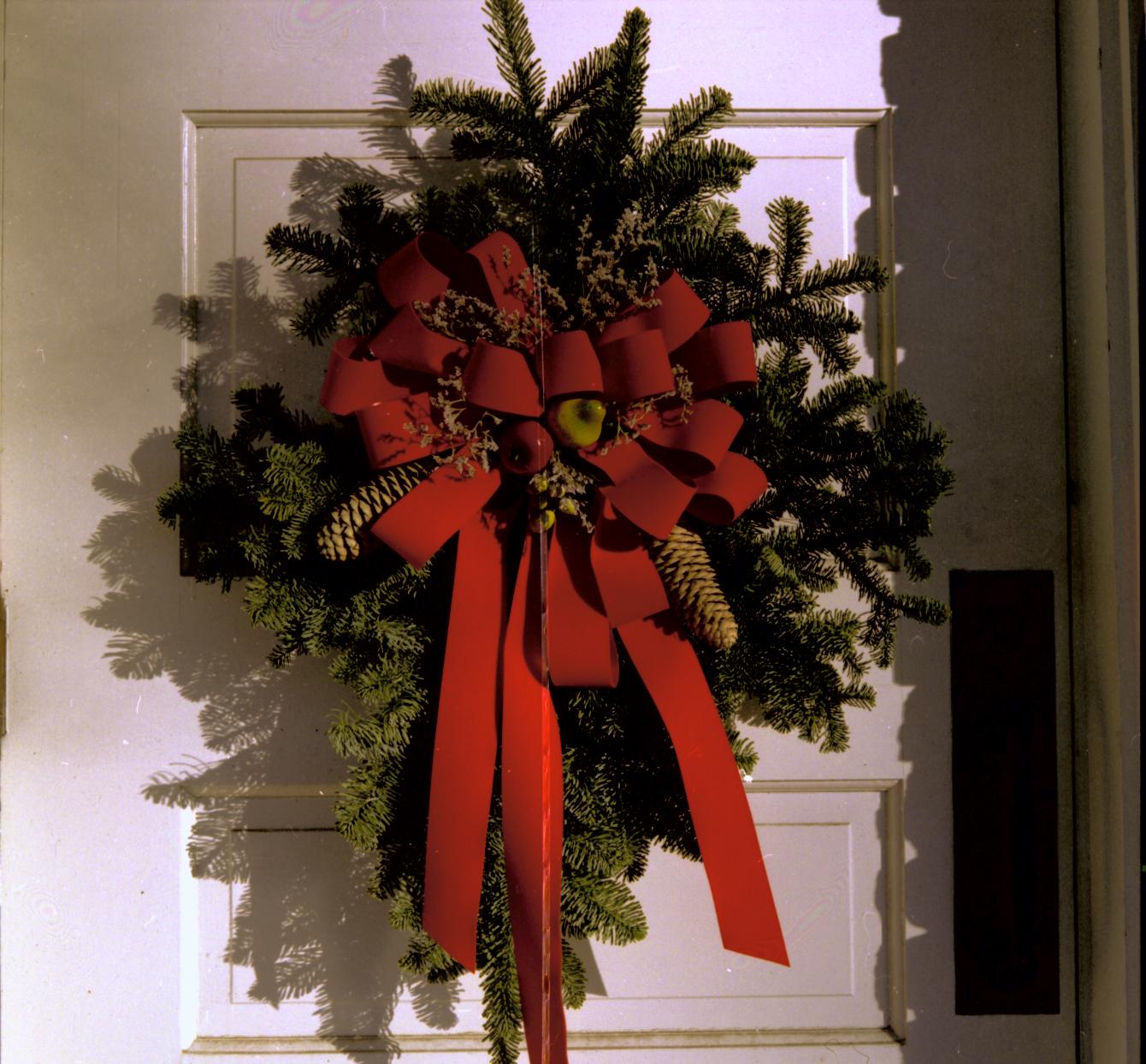 Lincoln Home NHS- Christmas in Lincoln Neighborhood Christmas wreath on door. Detail. Christmas, decorations, door, wreath