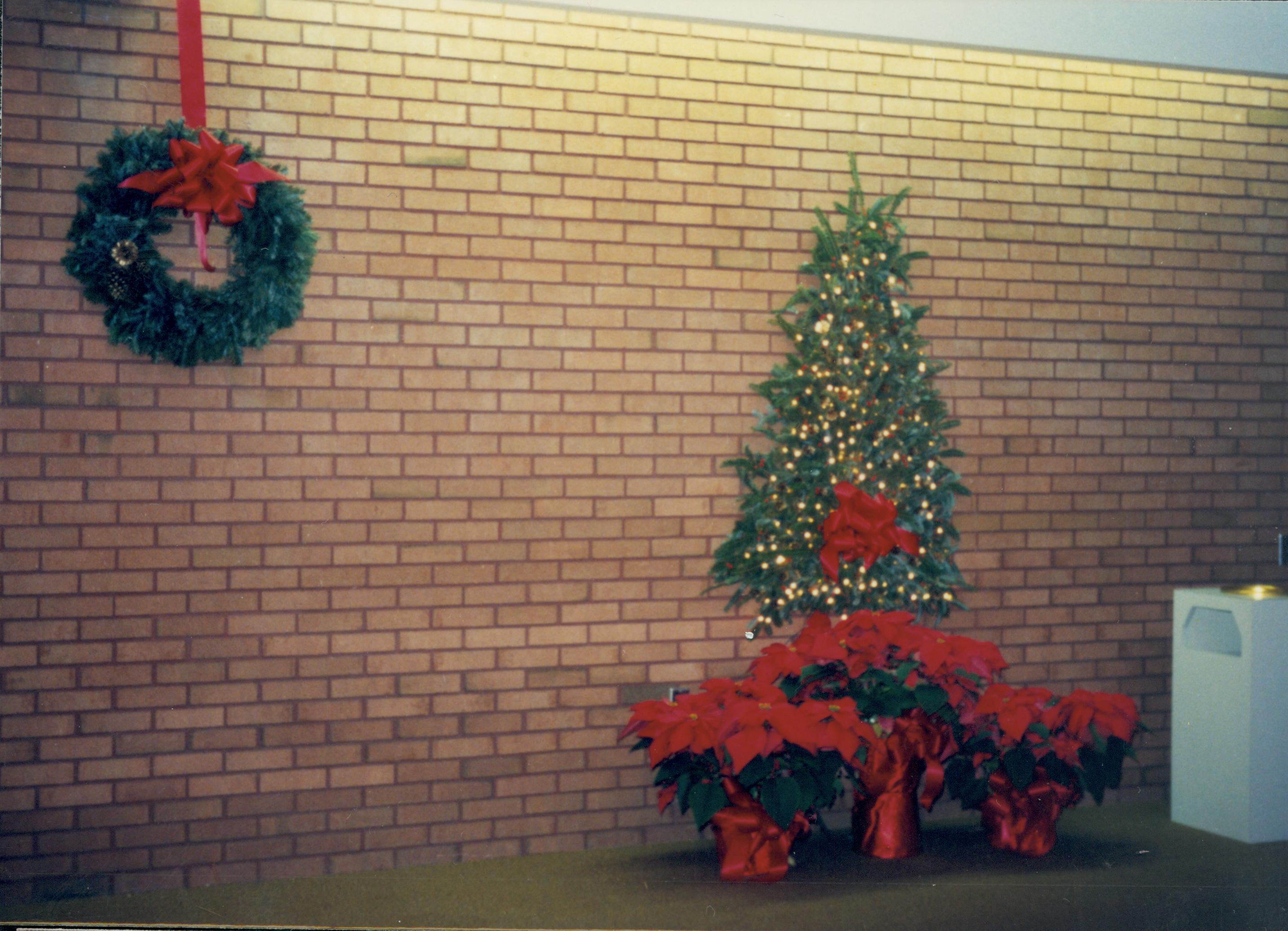 Lincoln Home NHS- Christmas in Lincoln Neighborhood Christmas tree, wreath, and other decorations inside Visitor Center. Christmas, neighborhood, tree, Visitor Center, wreath