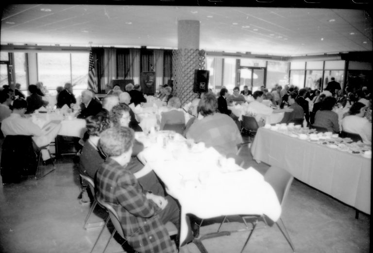 Dining area with people waiting to eat. 8th Annual Lincoln Colloquium; A Lincoln, Colloquium