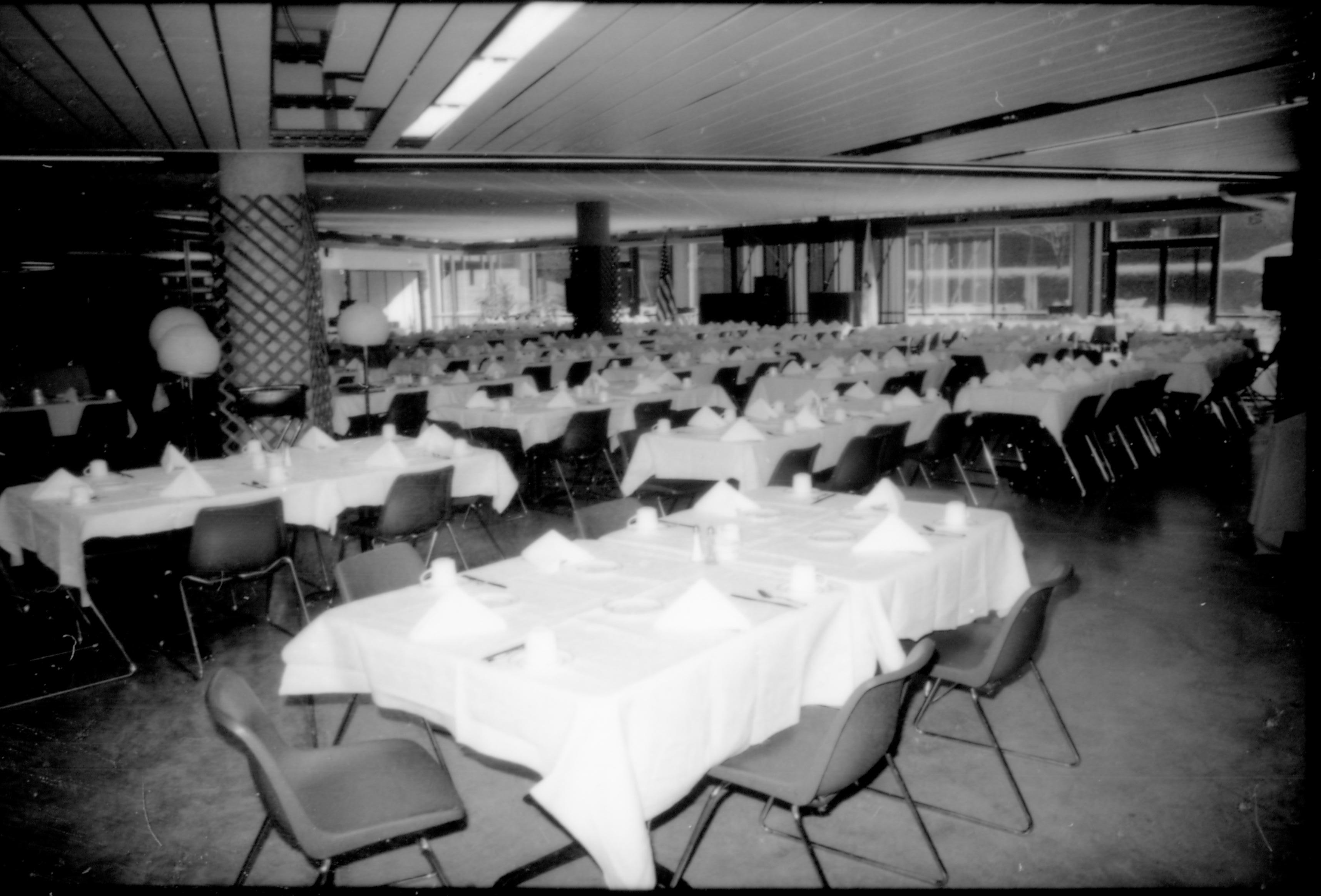 Empty tables in dining area. 8th Annual Lincoln Colloquium; B Lincoln, Colloquium