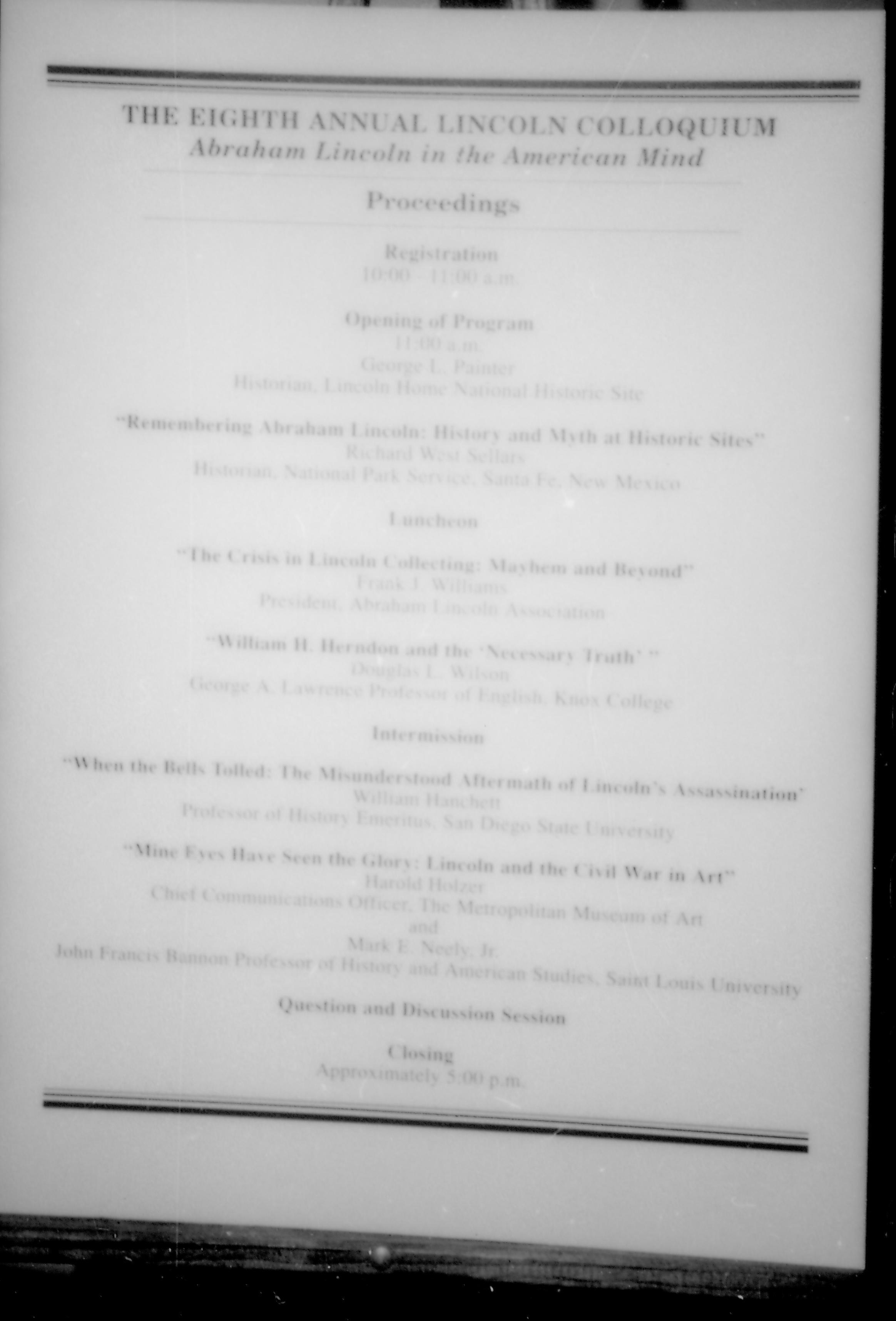 Picture of page in a booklet. 8th Annual Lincoln Colloquium; A Lincoln, Colloquium
