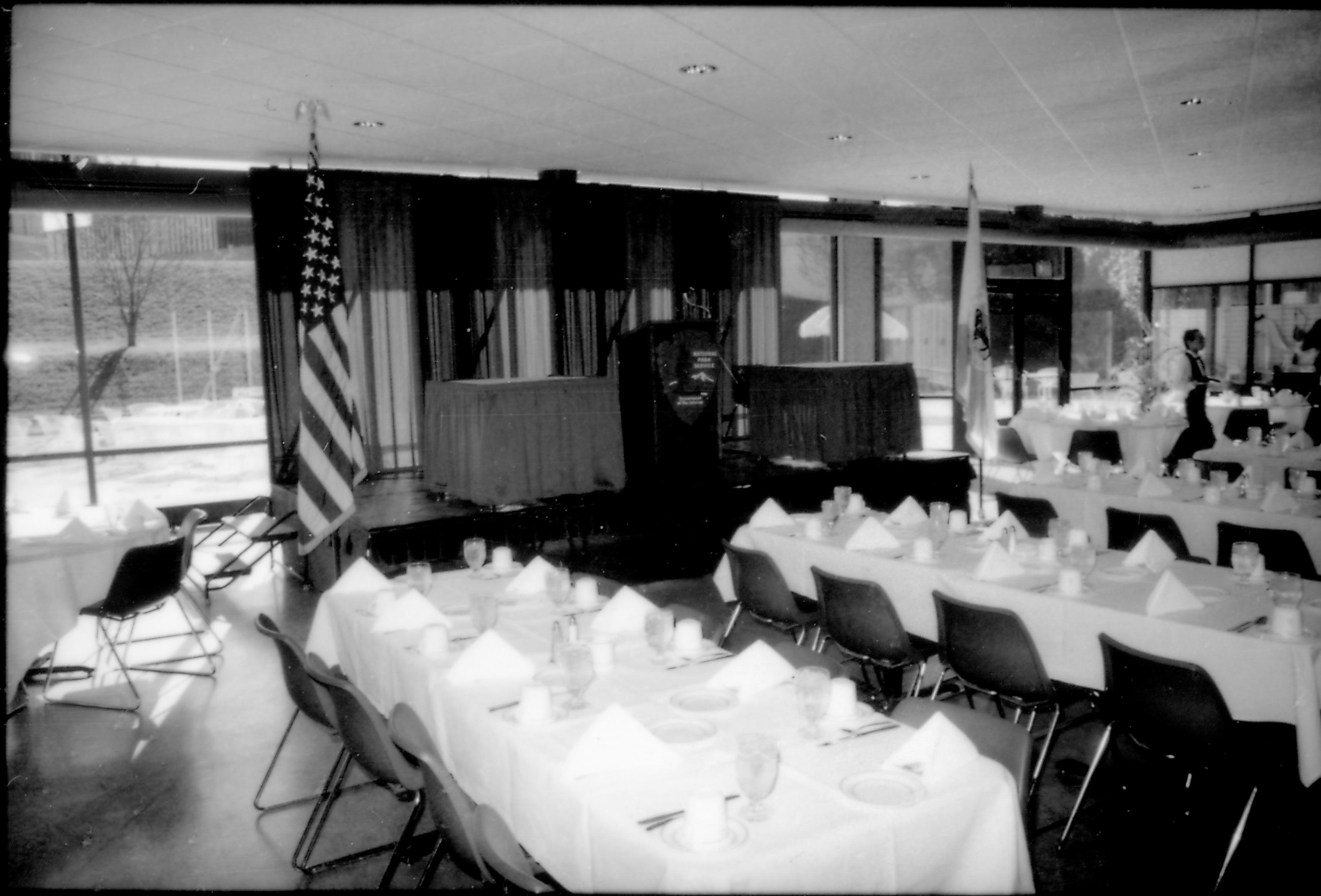 Dining room set up and speakers platform. 8th Annual Lincoln Colloquium; B Lincoln, Colloquium