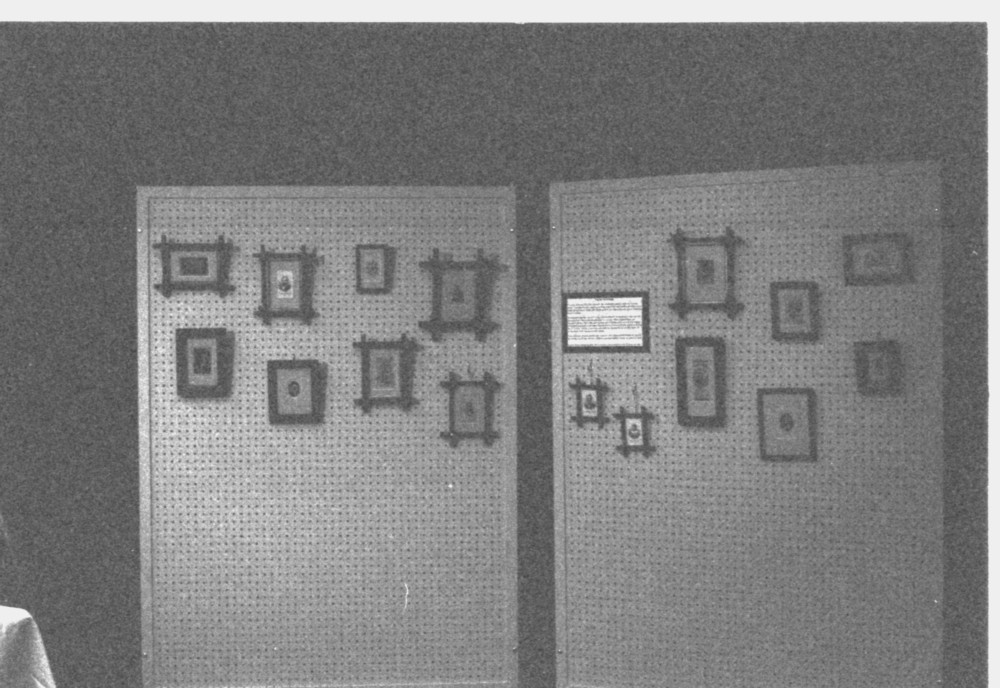 Pictures on peg board, Jack Smith exhibit 2-1997 Colloq (b/w) Colloquium, 1997