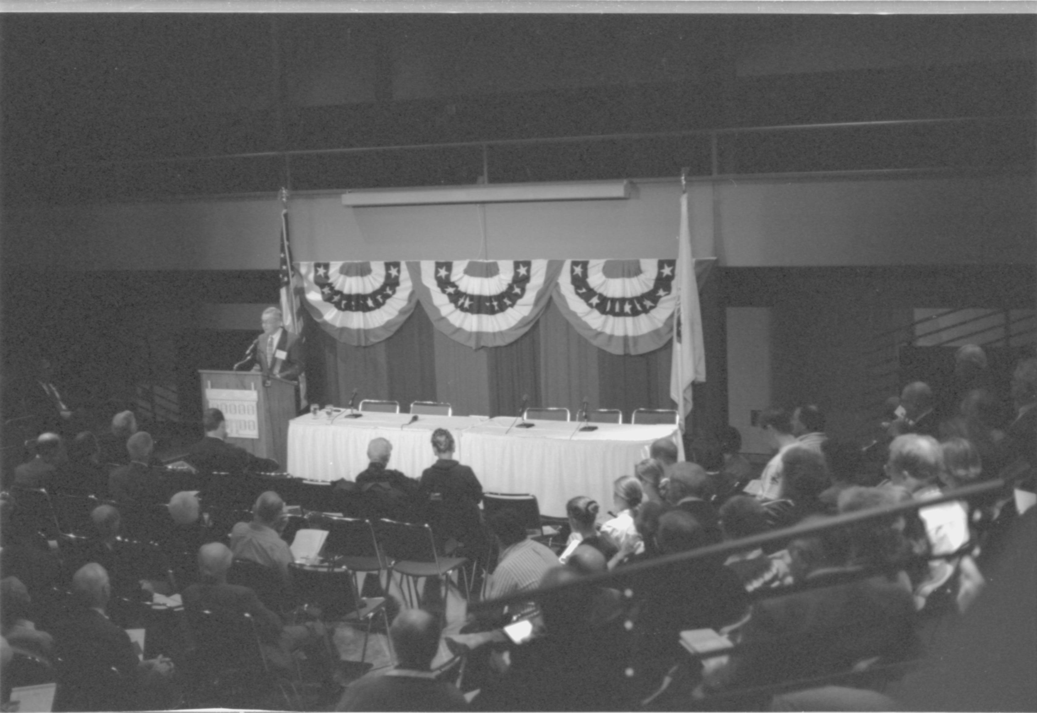 Lecture Hall and speakers table. 4-1997 Colloq (b/w); 24 Colloquium, 1997