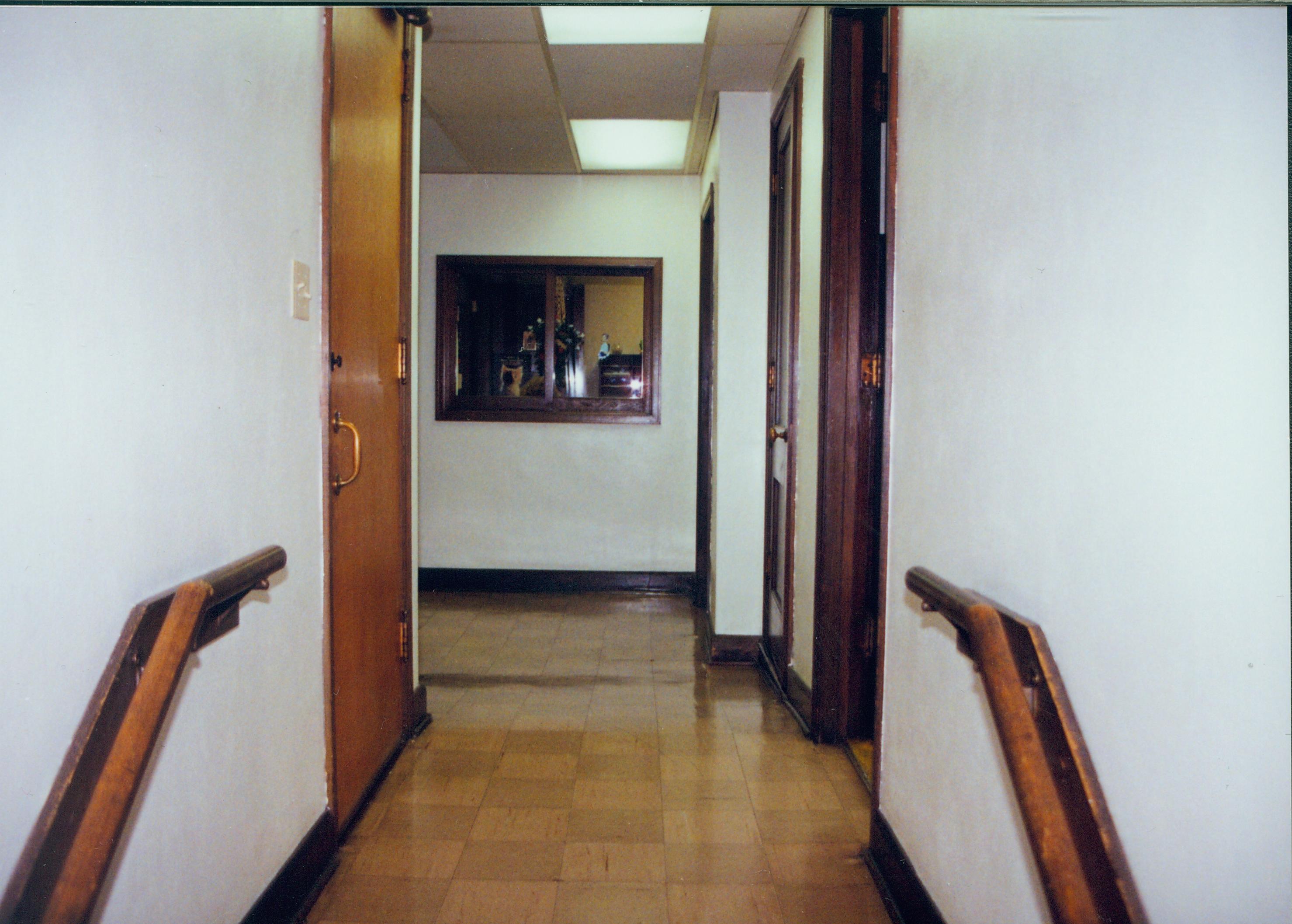 Hall with hand railings on each side. Grace Lutheran Church