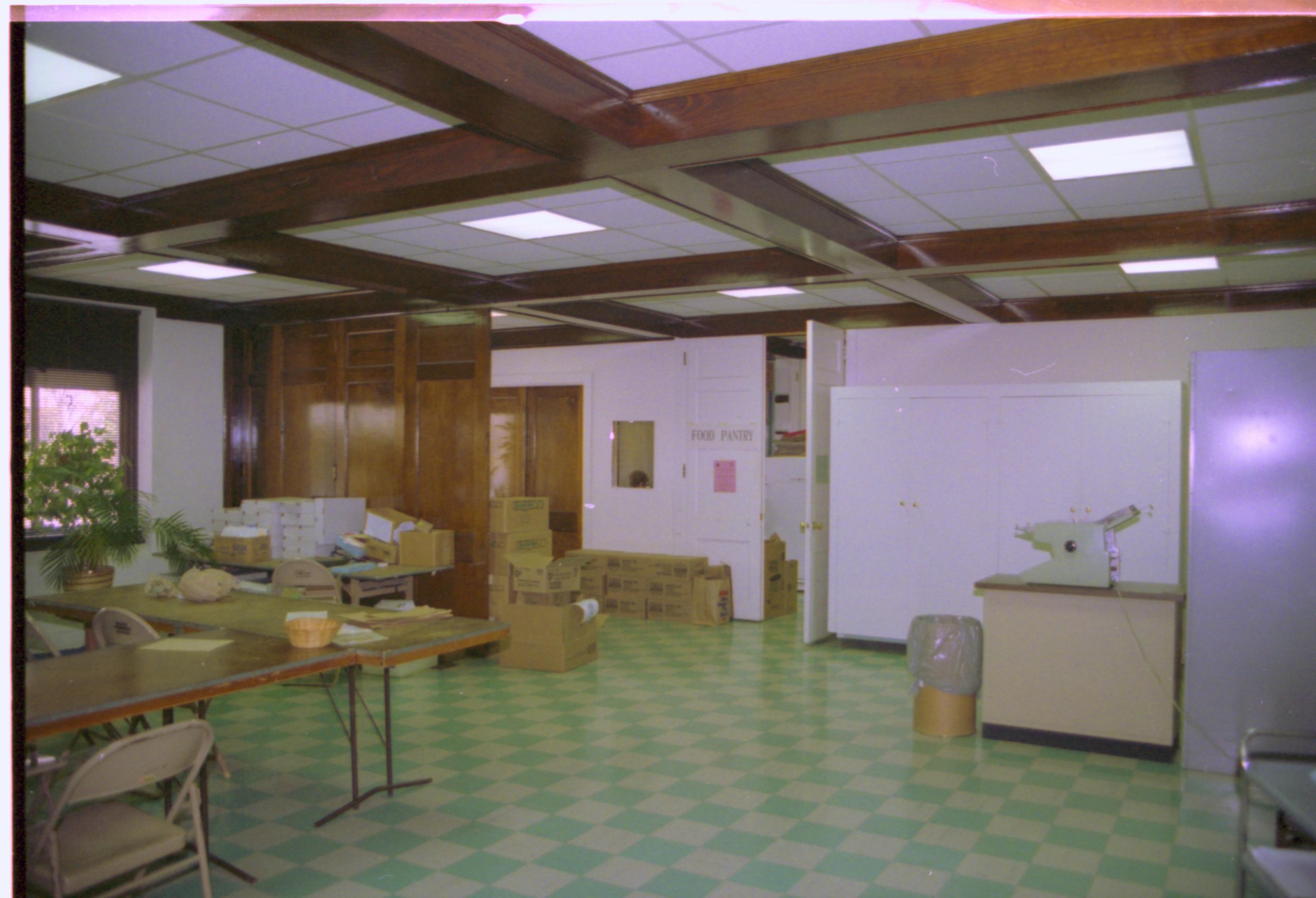 Large work room with tables and boxes. Grace Lutheran Church