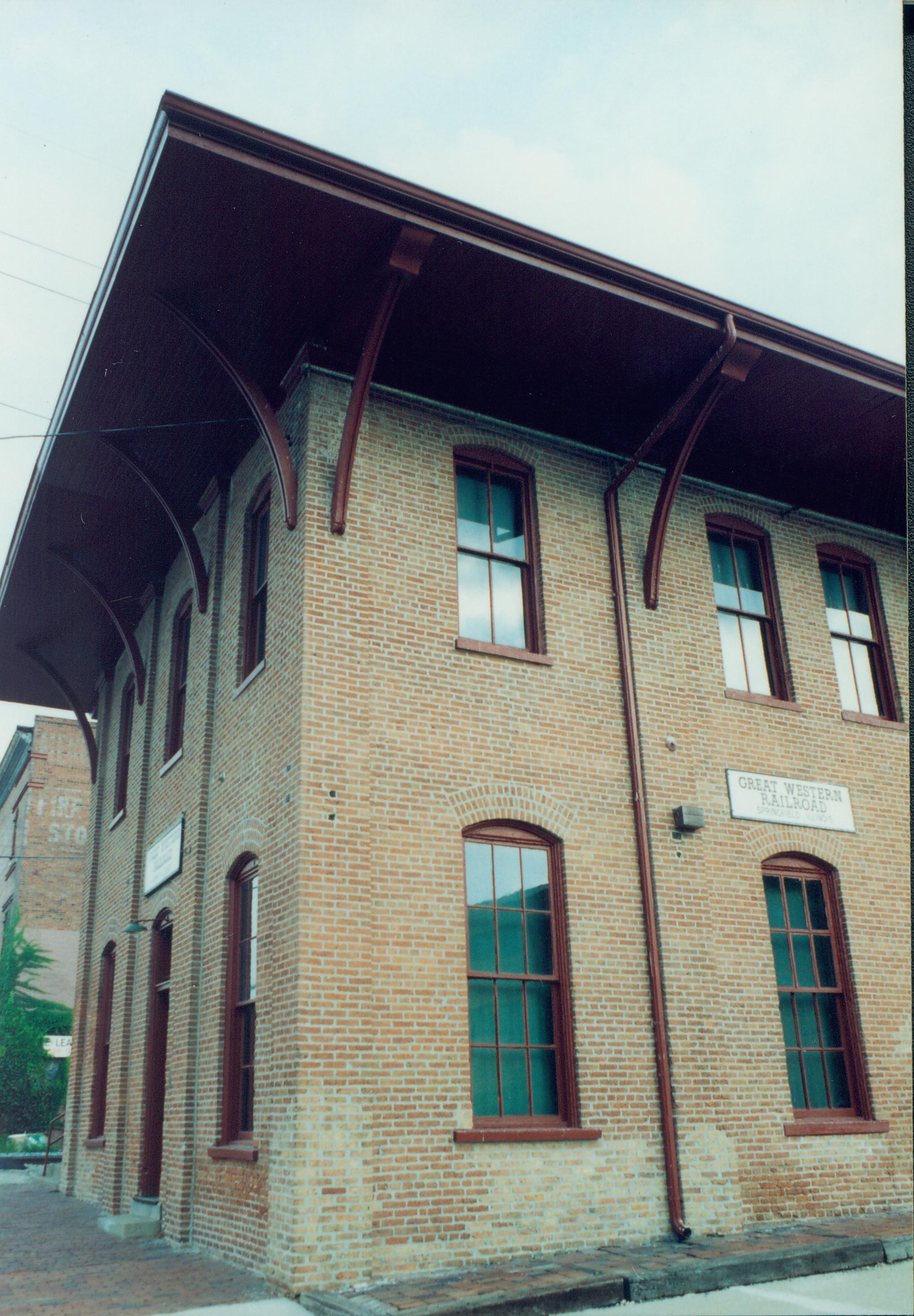 Brick building, picture of corner. Great Western Depot, Train Station