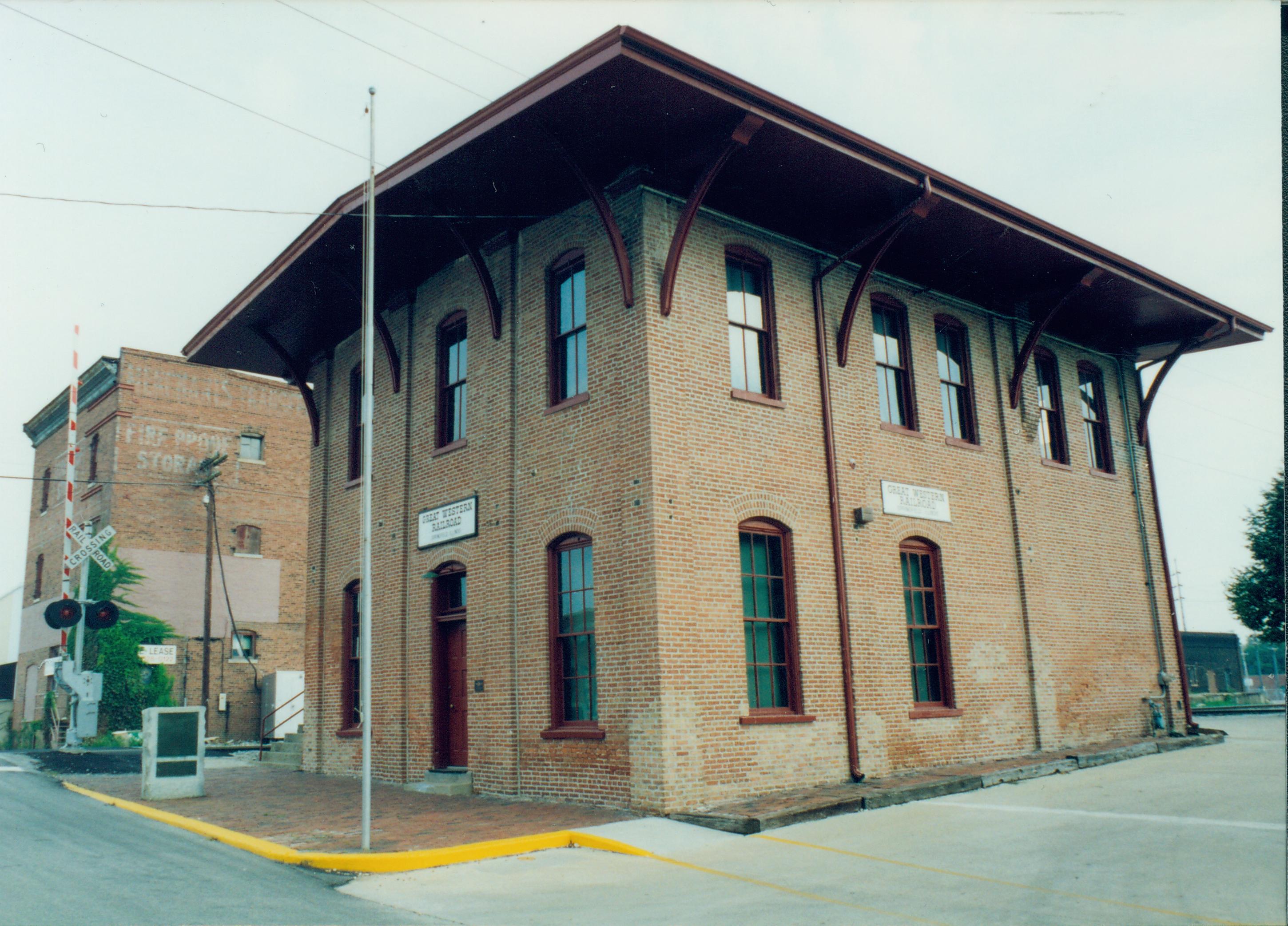 Great Western Railroad station (front and side).. Great Western Depot, Train Station